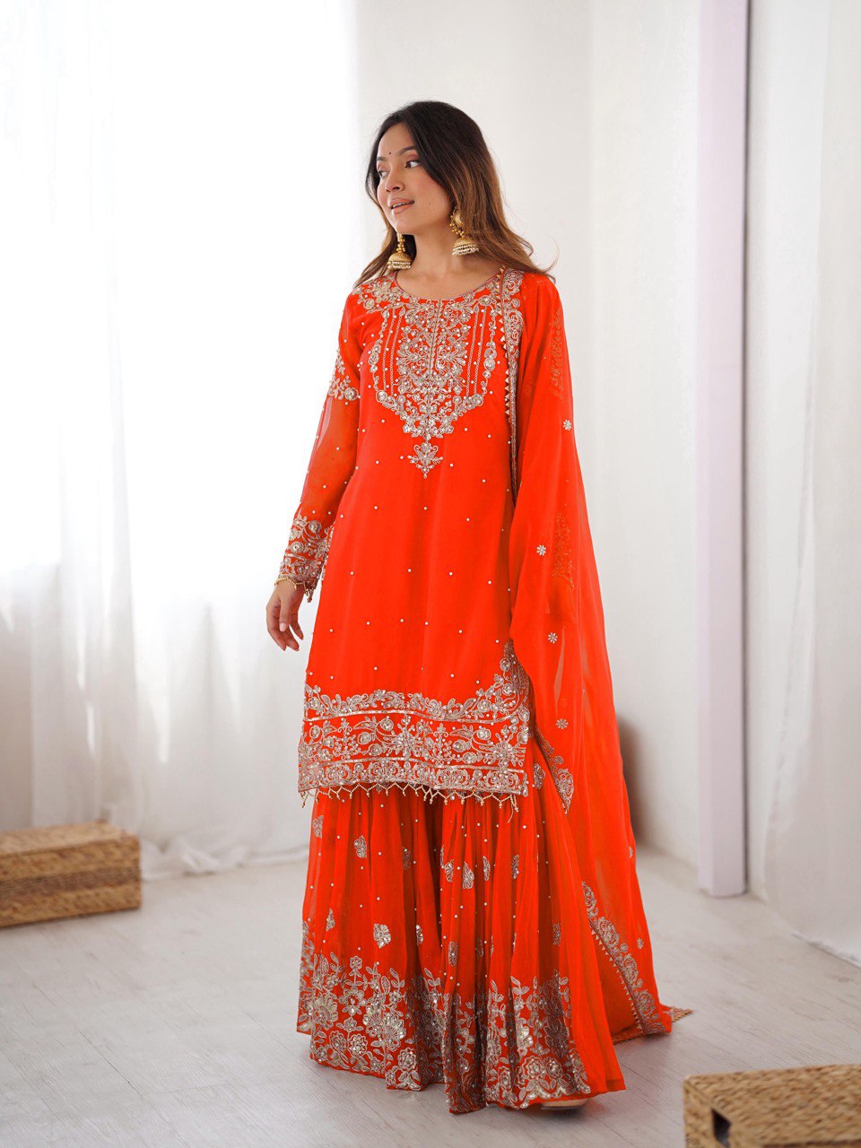 Royal Orange Faux Georgette Embroidered Sharara Suit Set with Dupatta
