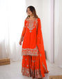 Royal Orange Faux Georgette Embroidered Sharara Suit Set with Dupatta