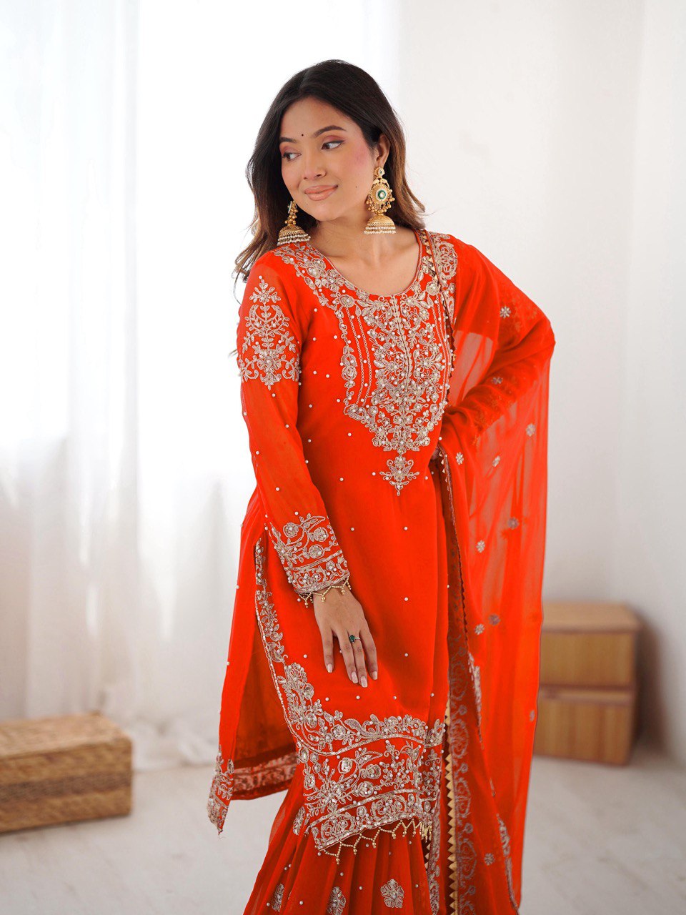 Royal Orange Faux Georgette Embroidered Sharara Suit Set with Dupatta
