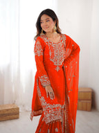Royal Orange Faux Georgette Embroidered Sharara Suit Set with Dupatta
