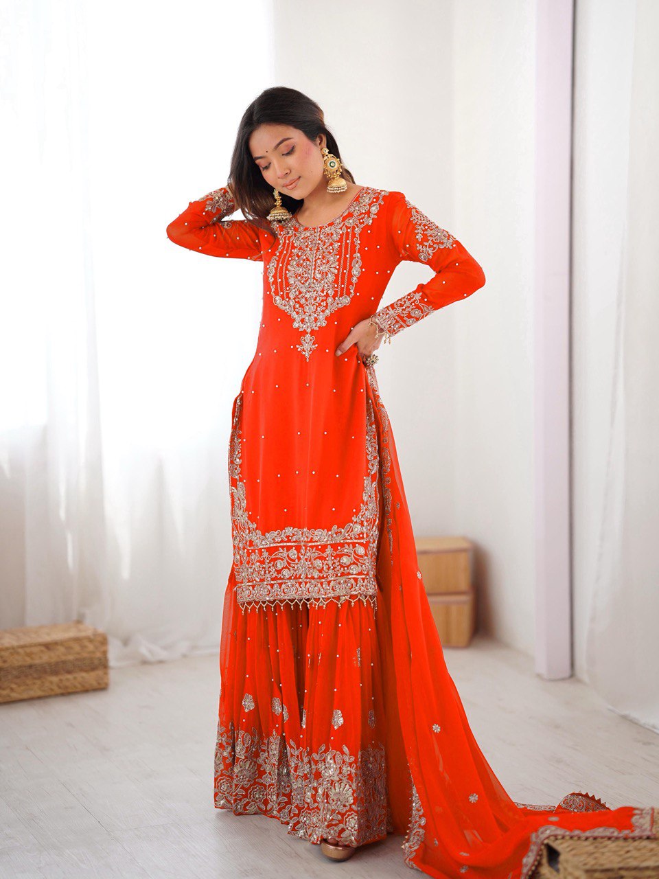 Royal Orange Faux Georgette Embroidered Sharara Suit Set with Dupatta

