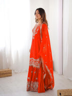 Royal Orange Faux Georgette Embroidered Sharara Suit Set with Dupatta
