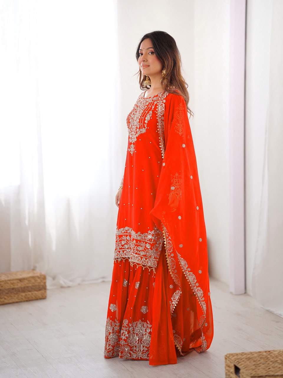 Royal Orange Faux Georgette Embroidered Sharara Suit Set with Dupatta
