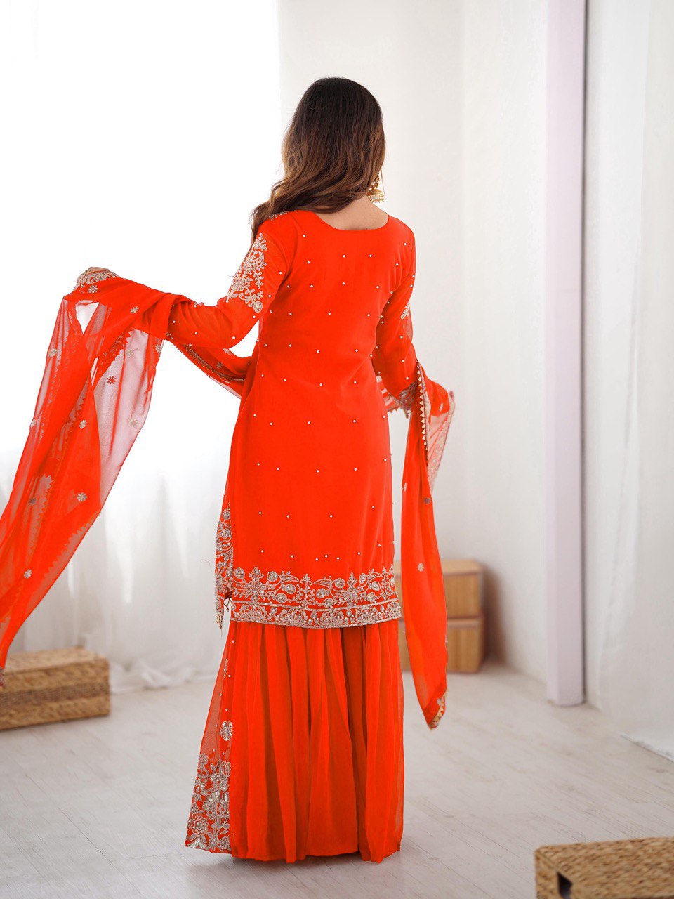 Royal Orange Faux Georgette Embroidered Sharara Suit Set with Dupatta
