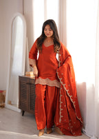Orange Glass Roman Silk Heavy Sequence Dori Jari Work Dress Set
