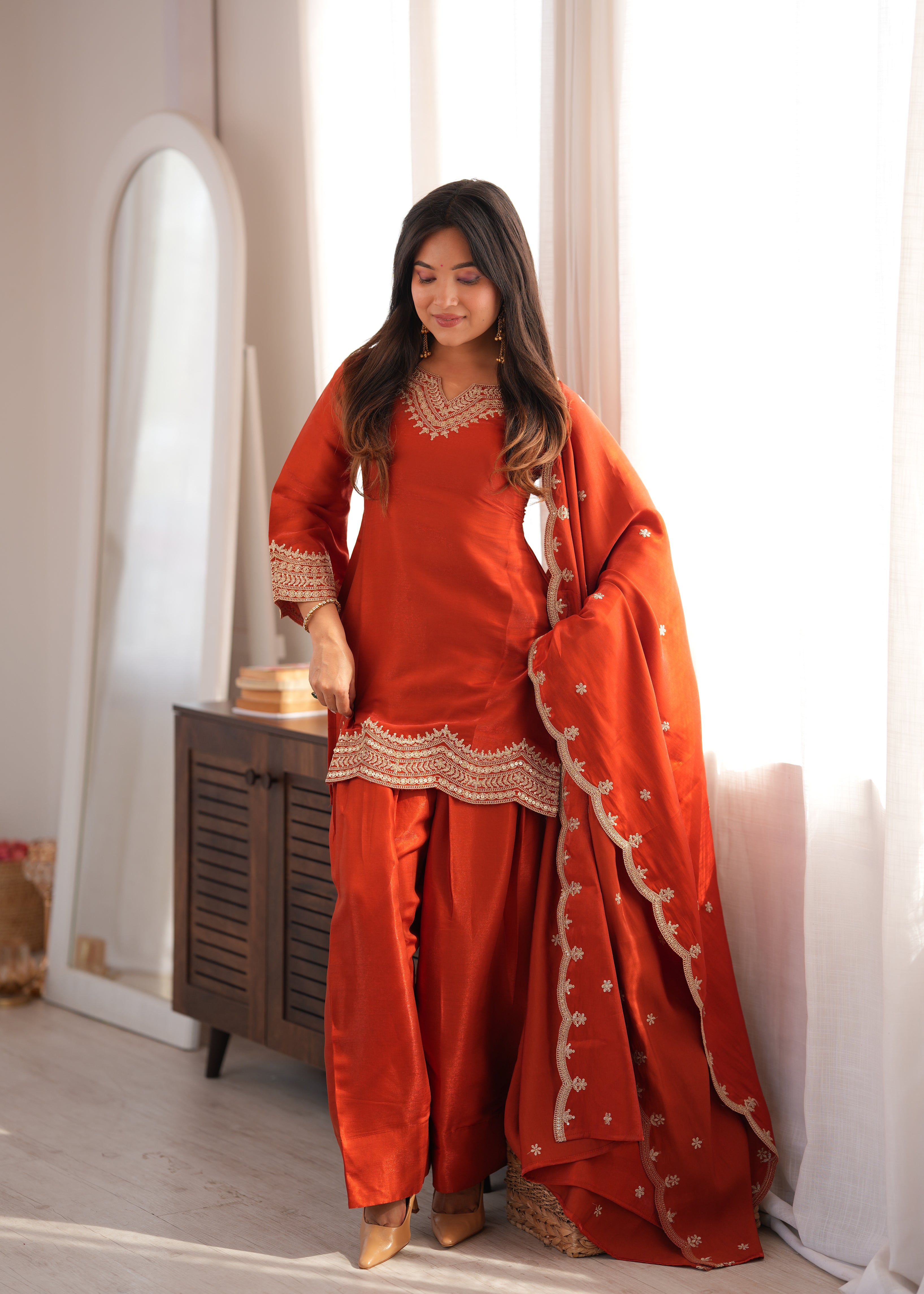 Orange Glass Roman Silk Heavy Sequence Dori Jari Work Dress Set
