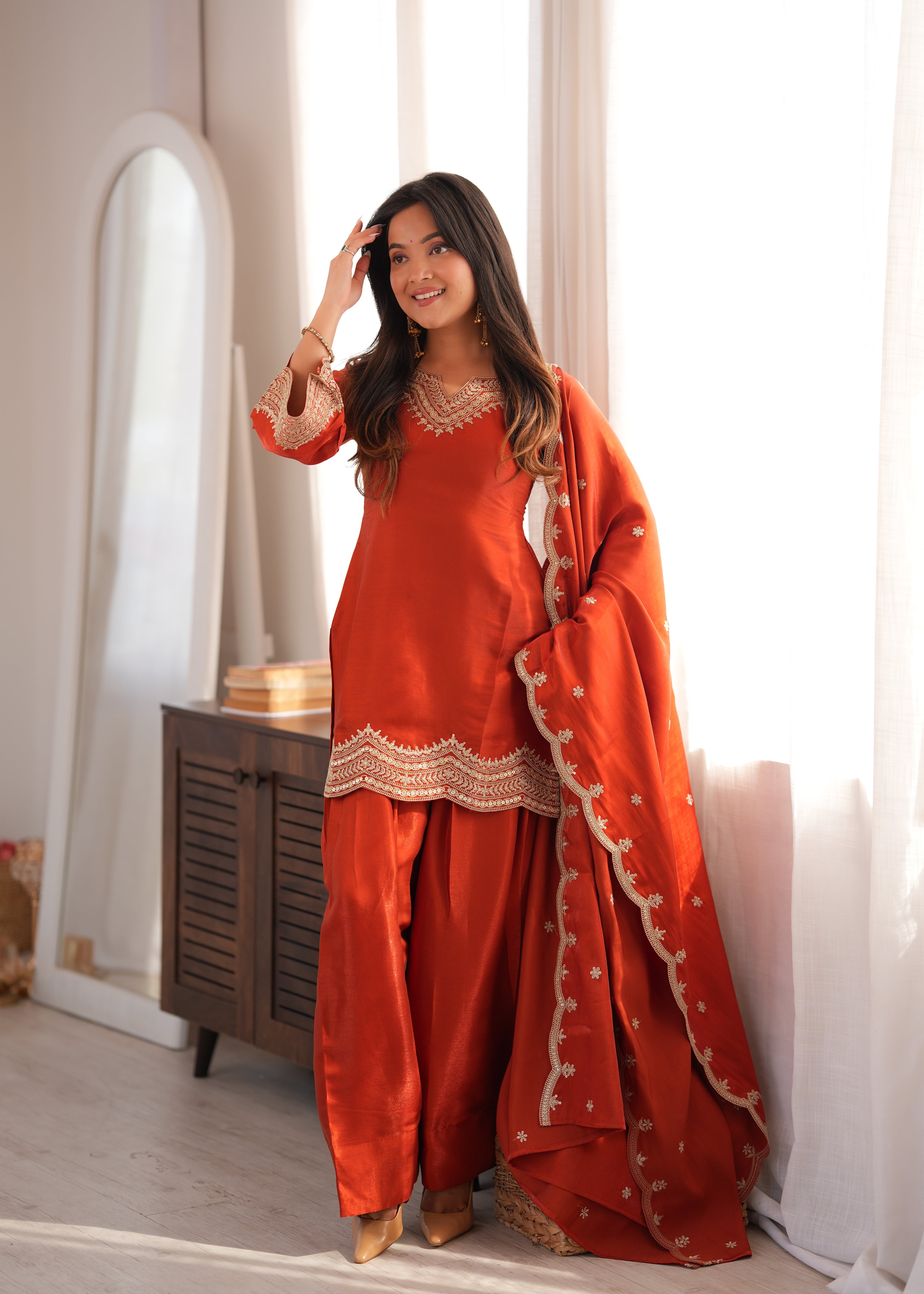 Orange Glass Roman Silk Heavy Sequence Dori Jari Work Dress Set
