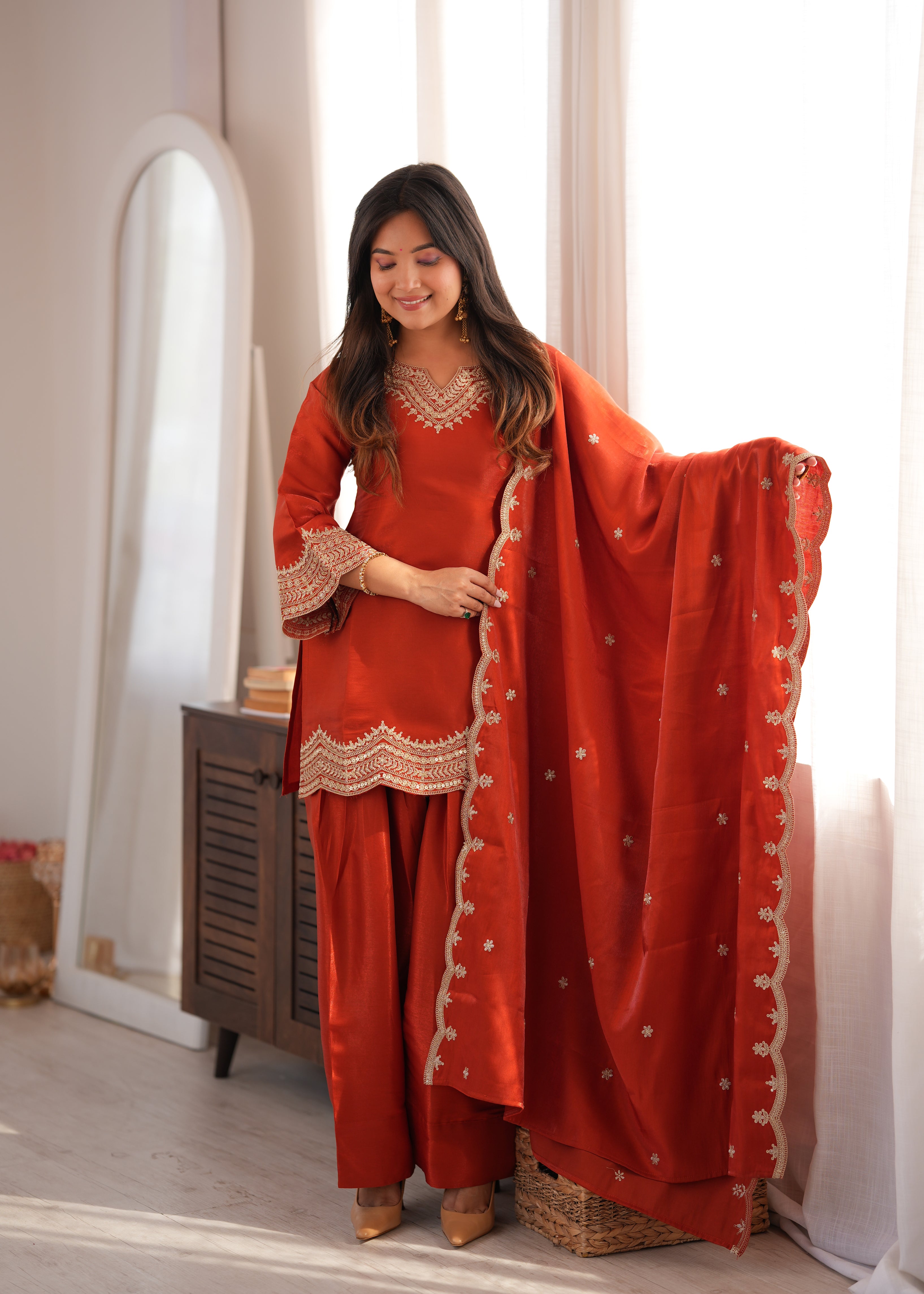 Orange Glass Roman Silk Heavy Sequence Dori Jari Work Dress Set
