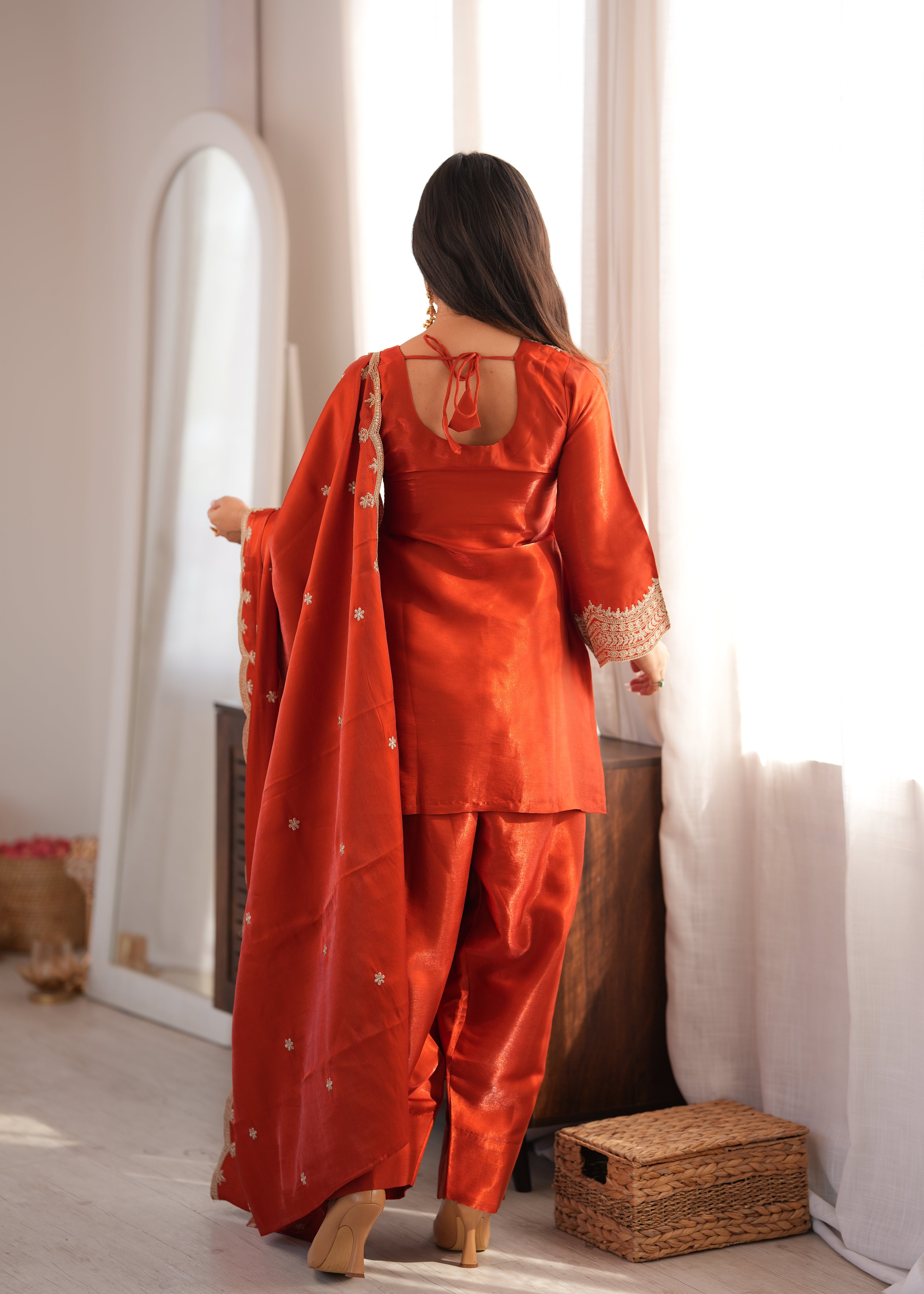 Orange Glass Roman Silk Heavy Sequence Dori Jari Work Dress Set
