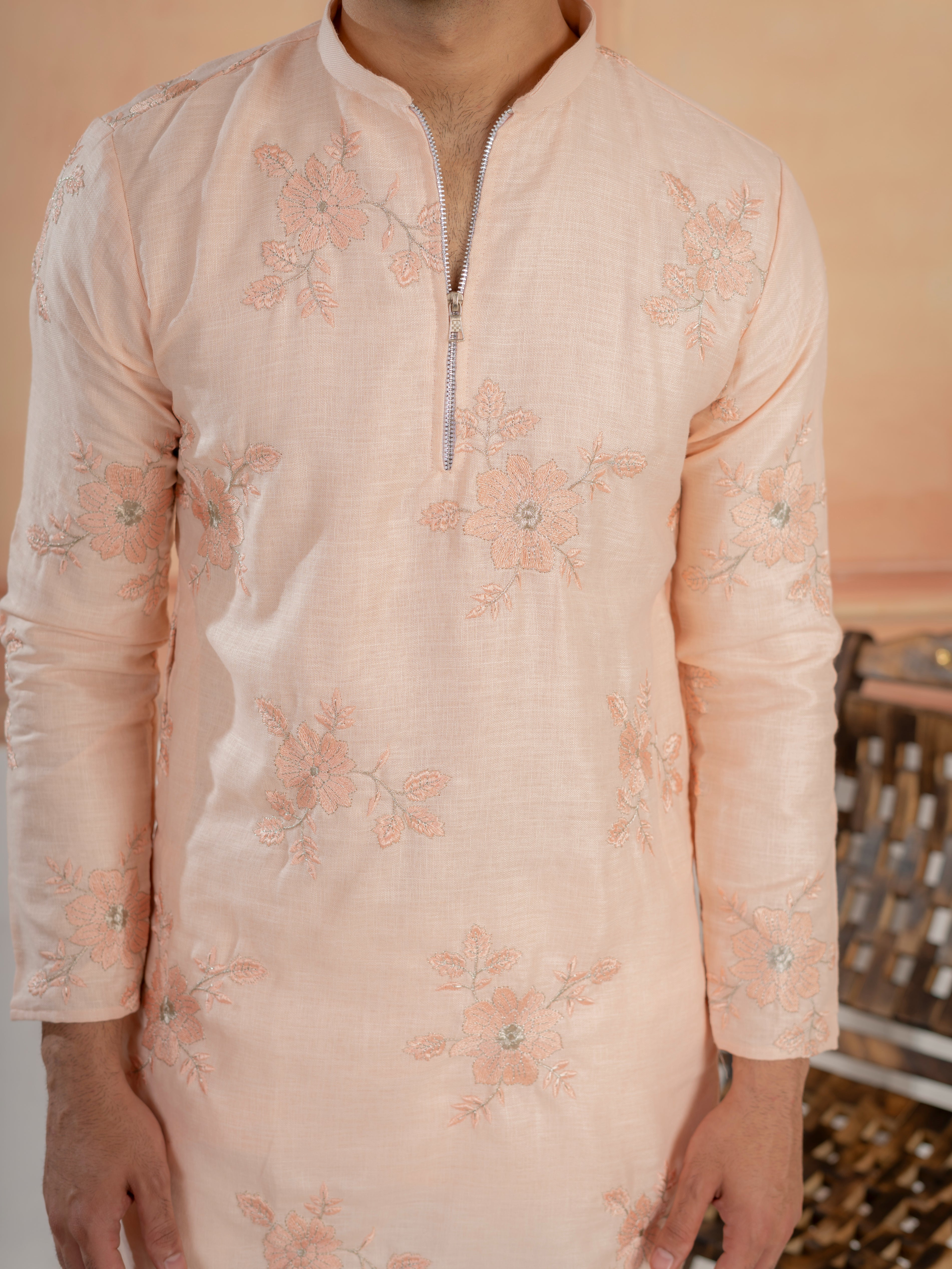 Designer Light Orange Golden Embroidered Work Kurta Set For Festive Wear

