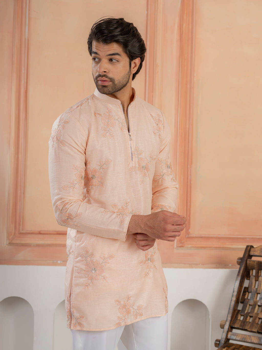 Designer Light Orange Golden Embroidered Work Kurta Set For Festive Wear
