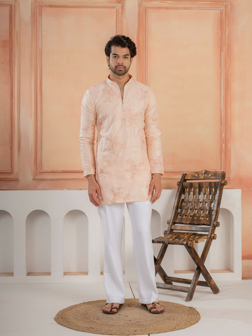 Designer Light Orange Golden Embroidered Work Kurta Set For Festive Wear