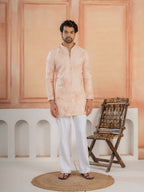 Designer Light Orange Golden Embroidered Work Kurta Set For Festive Wear