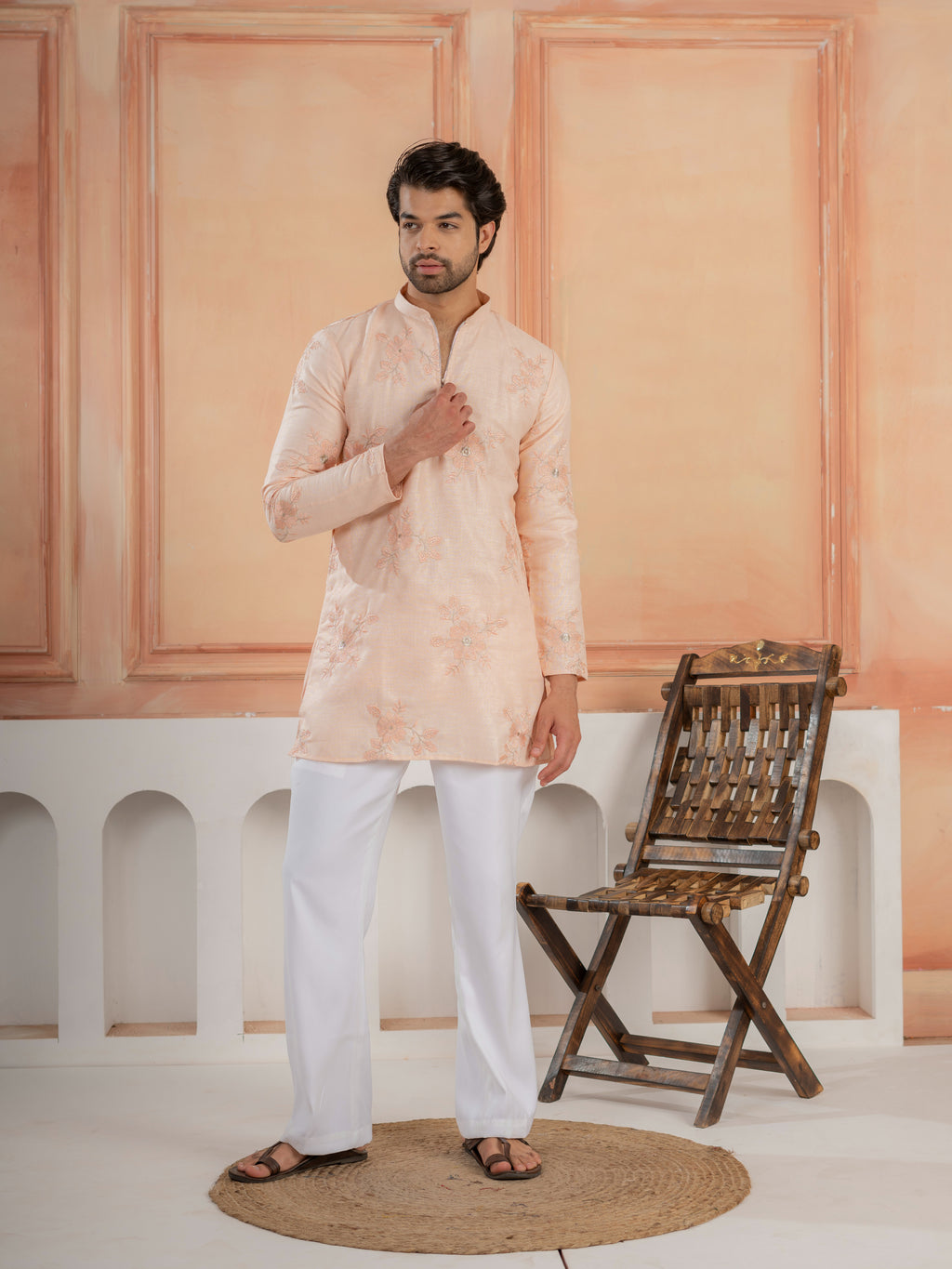 Designer Light Orange Golden Embroidered Work Kurta Set For Festive Wear