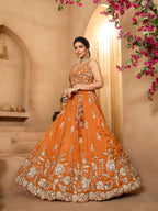 Luxury Rust Orange Pure Tissue Floral Embroidered Wedding Lehenga Choli
