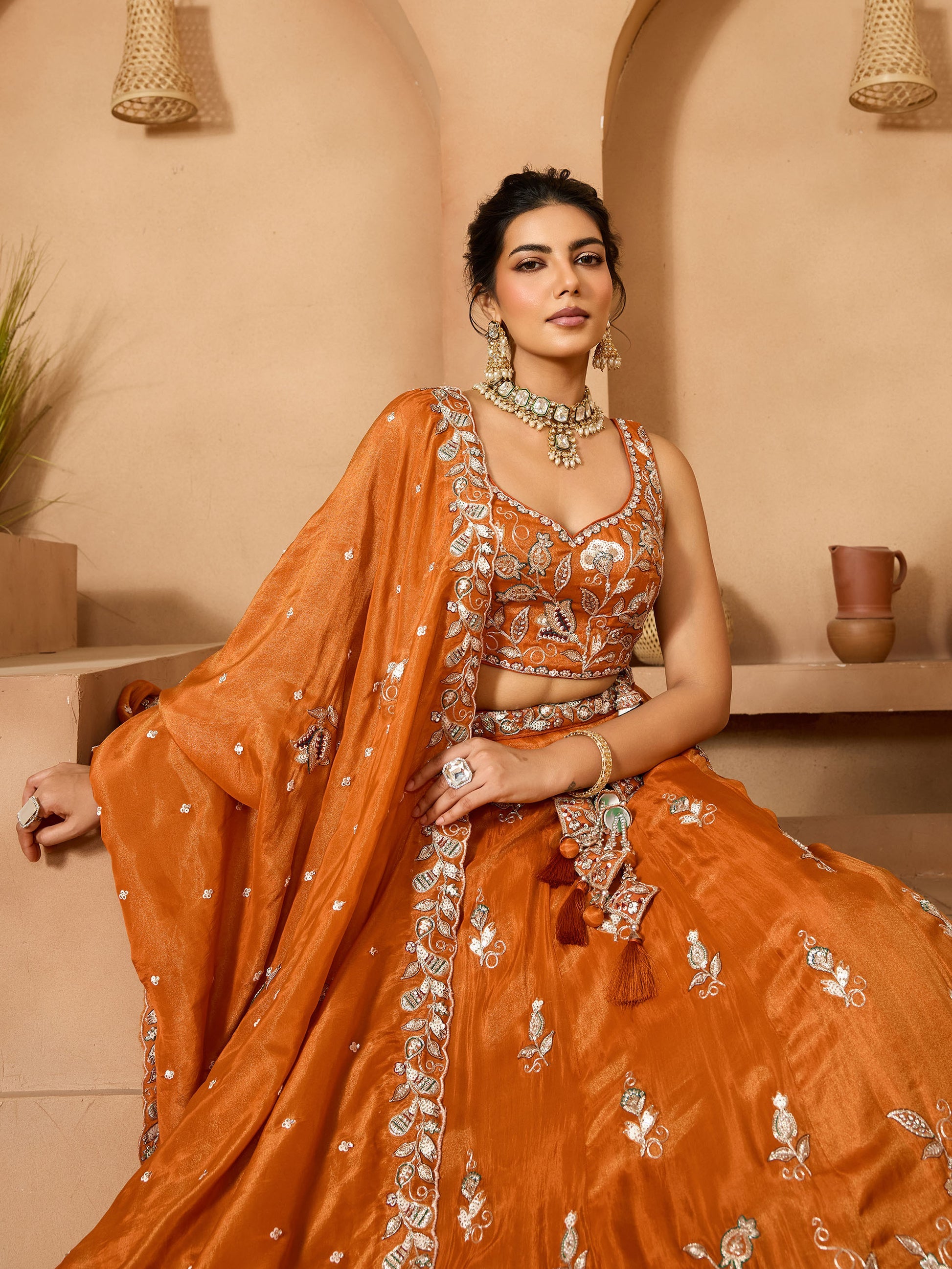 Luxury Rust Orange Pure Tissue Floral Embroidered Wedding Lehenga Choli
