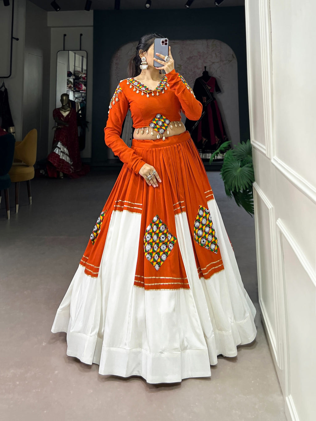 Navratri Orange Rayon Patchwork Gota Patti Lehenga Set | Tulip Designer
