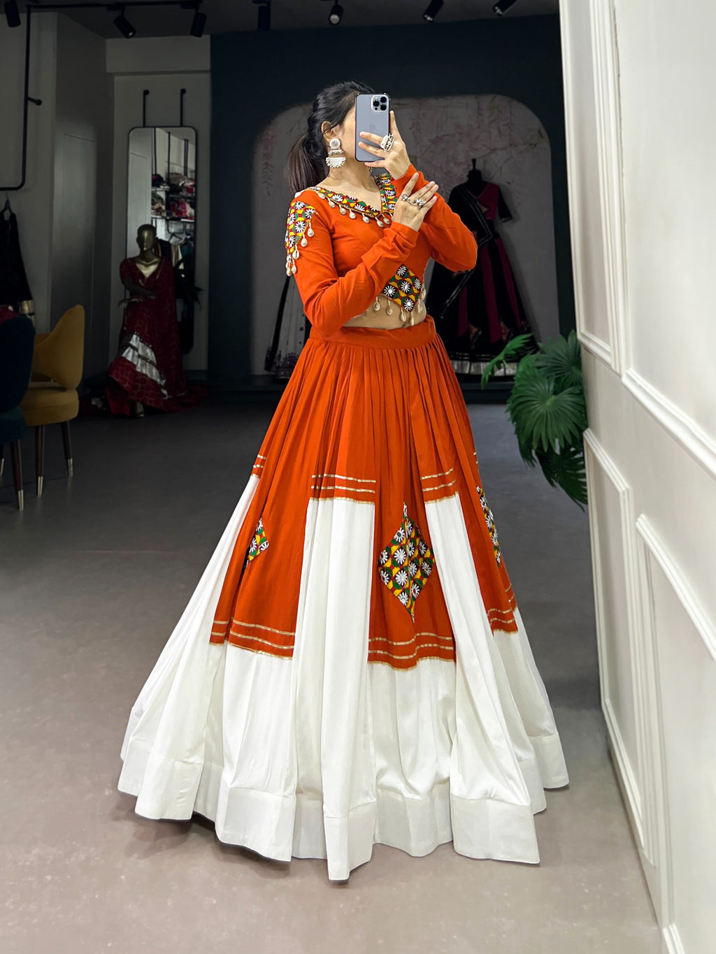 Navratri Orange Rayon Patchwork Gota Patti Lehenga Set | Tulip Designer
