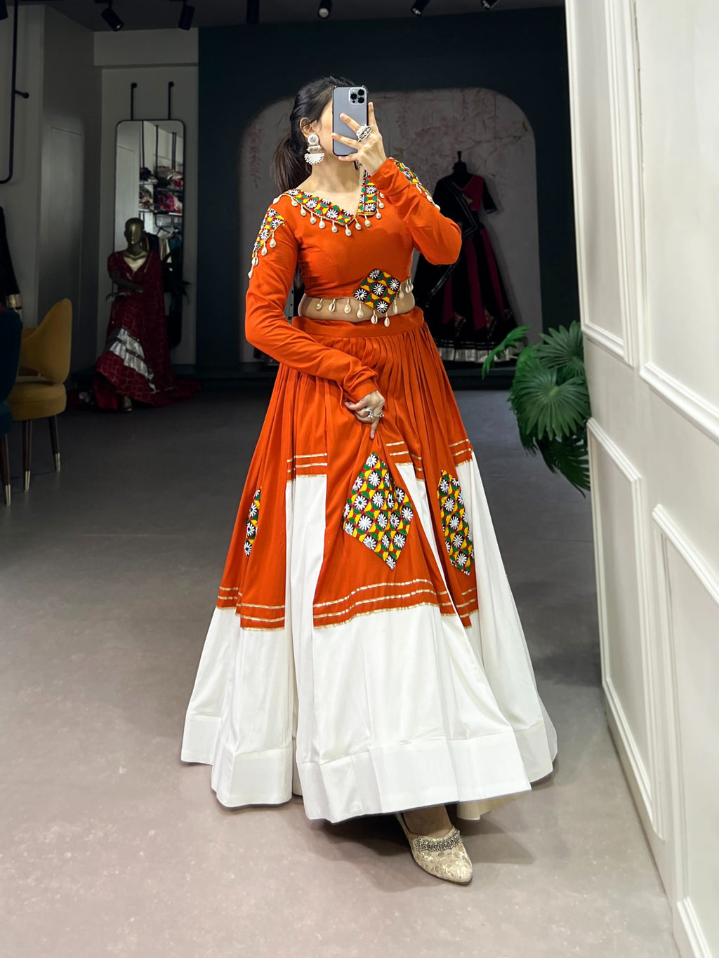 Navratri Orange Rayon Patchwork Gota Patti Lehenga Set | Tulip Designer
