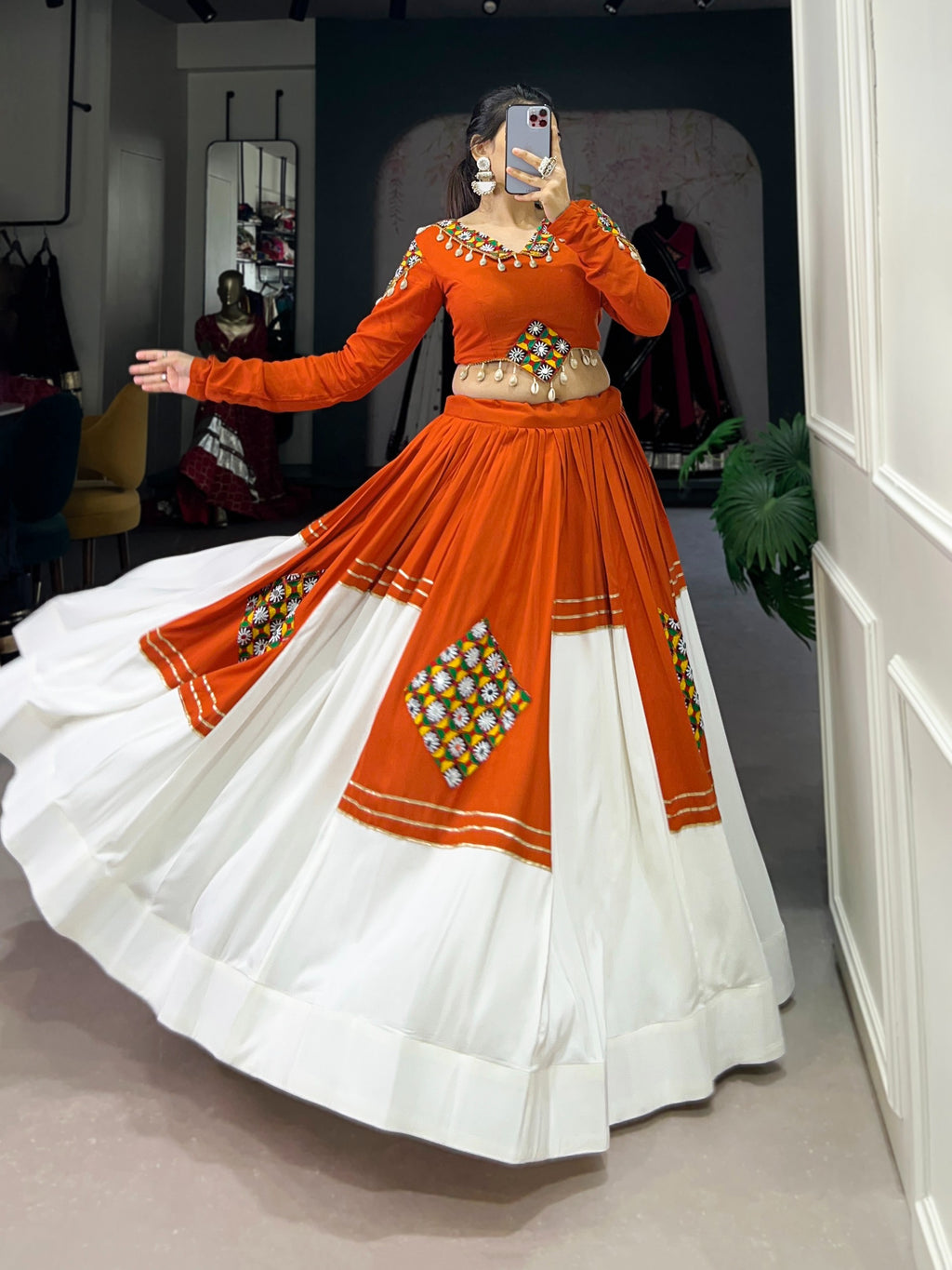 Navratri Orange Rayon Patchwork Gota Patti Lehenga Set | Tulip Designer
