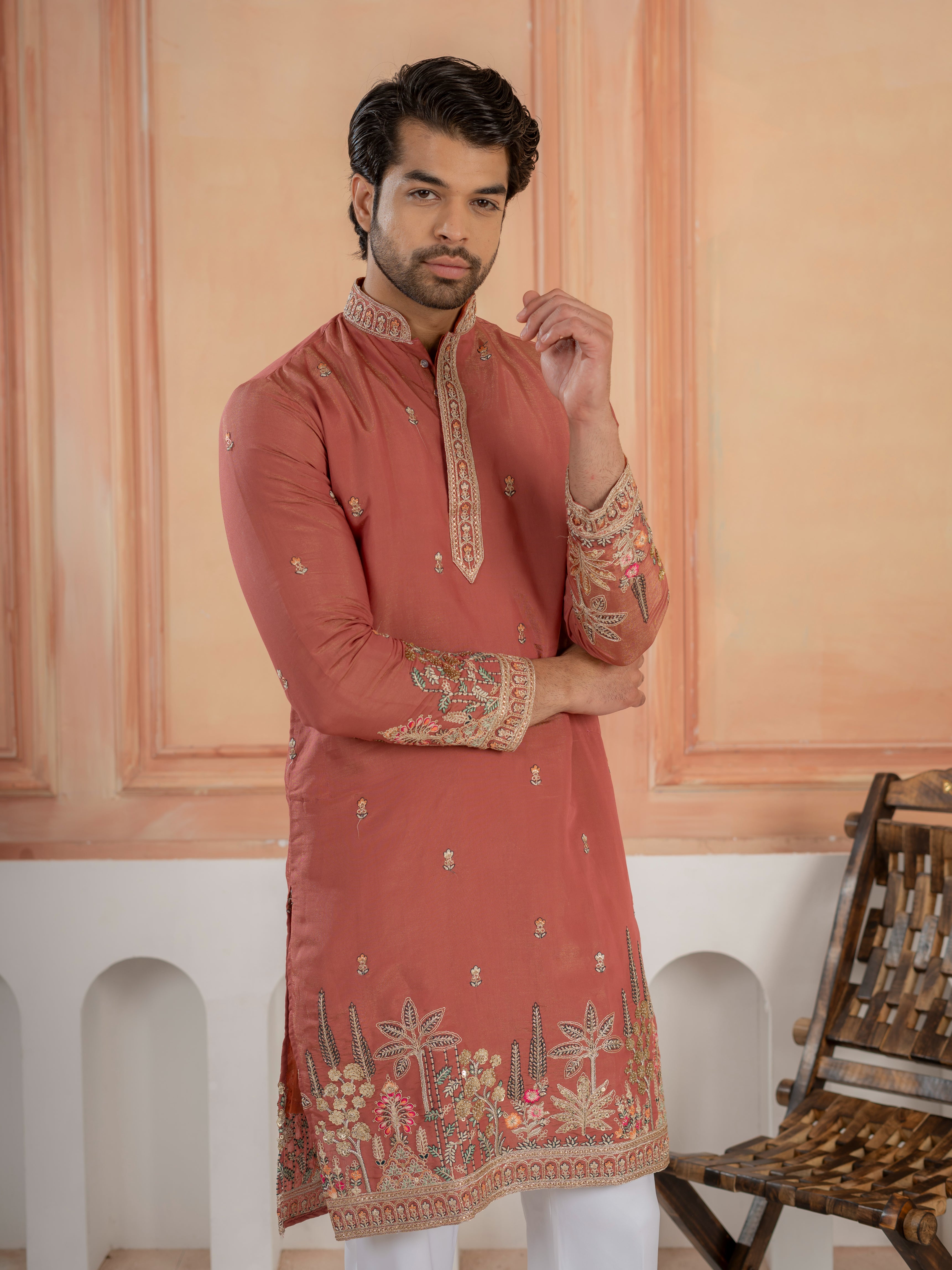 Dusty Orange Roman Shimmer Multi Colour Embroidery Work Kurta Set

