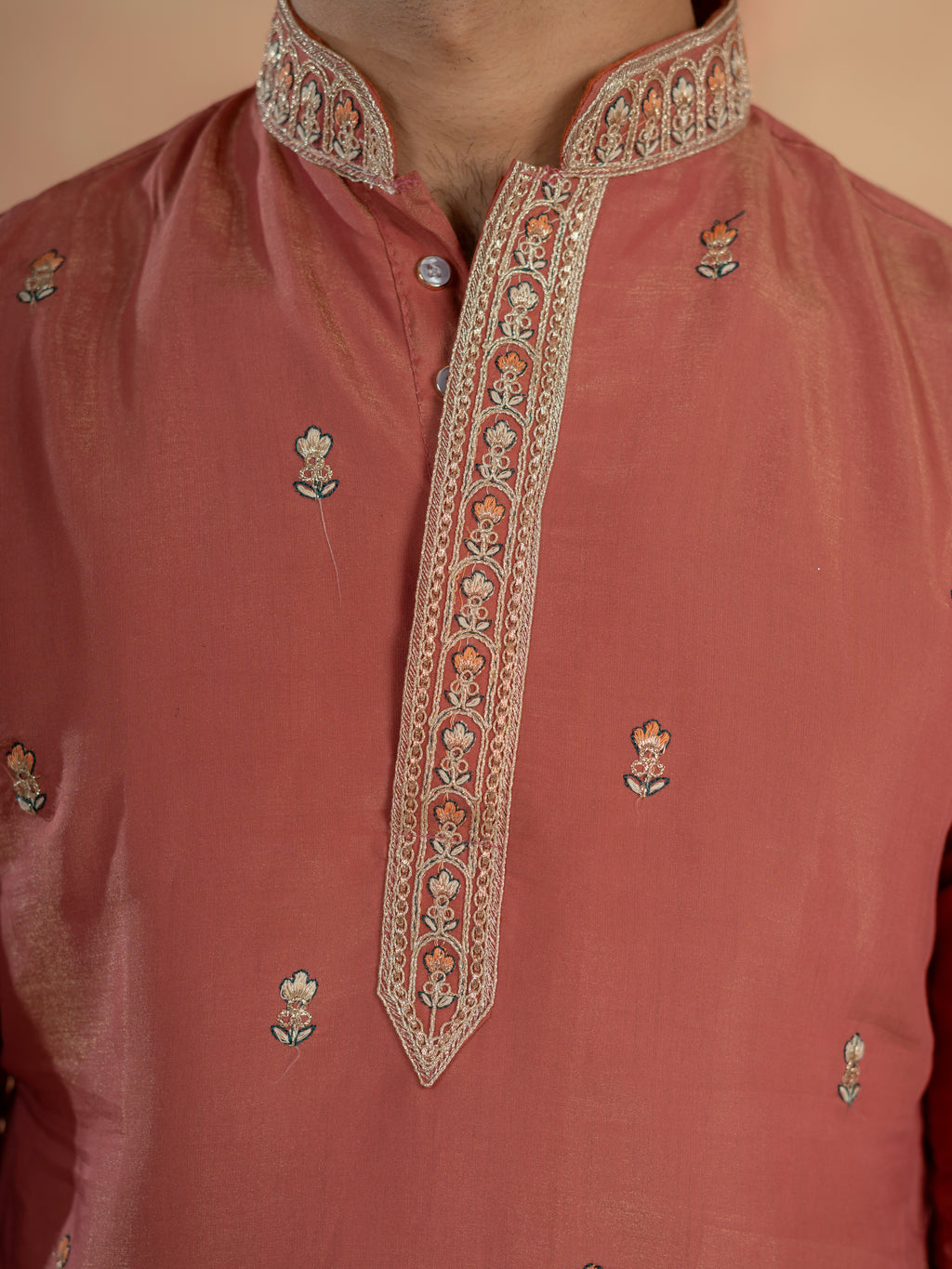 Dusty Orange Roman Shimmer Multi Colour Embroidery Work Kurta Set