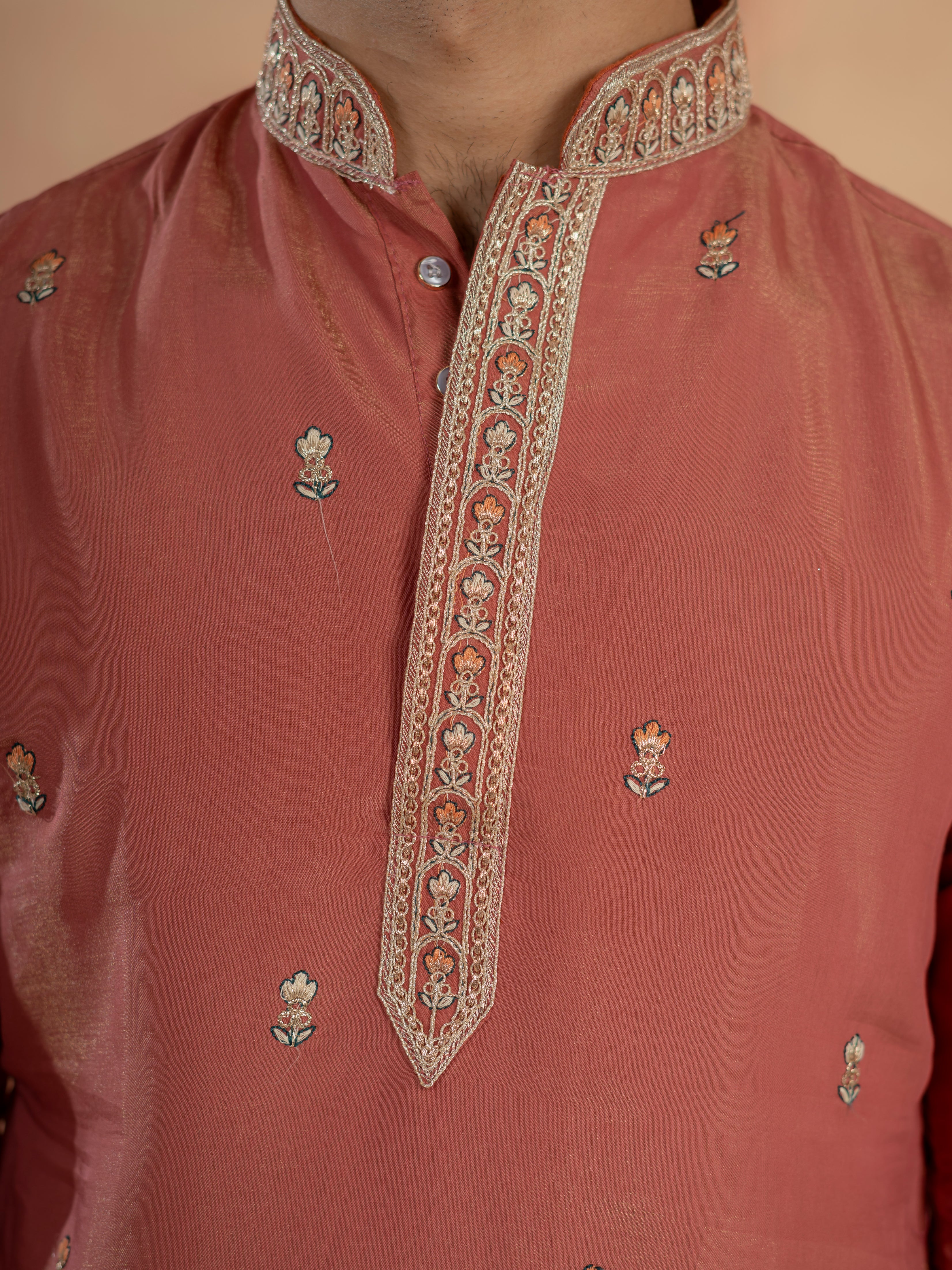 Dusty Orange Roman Shimmer Multi Colour Embroidery Work Kurta Set