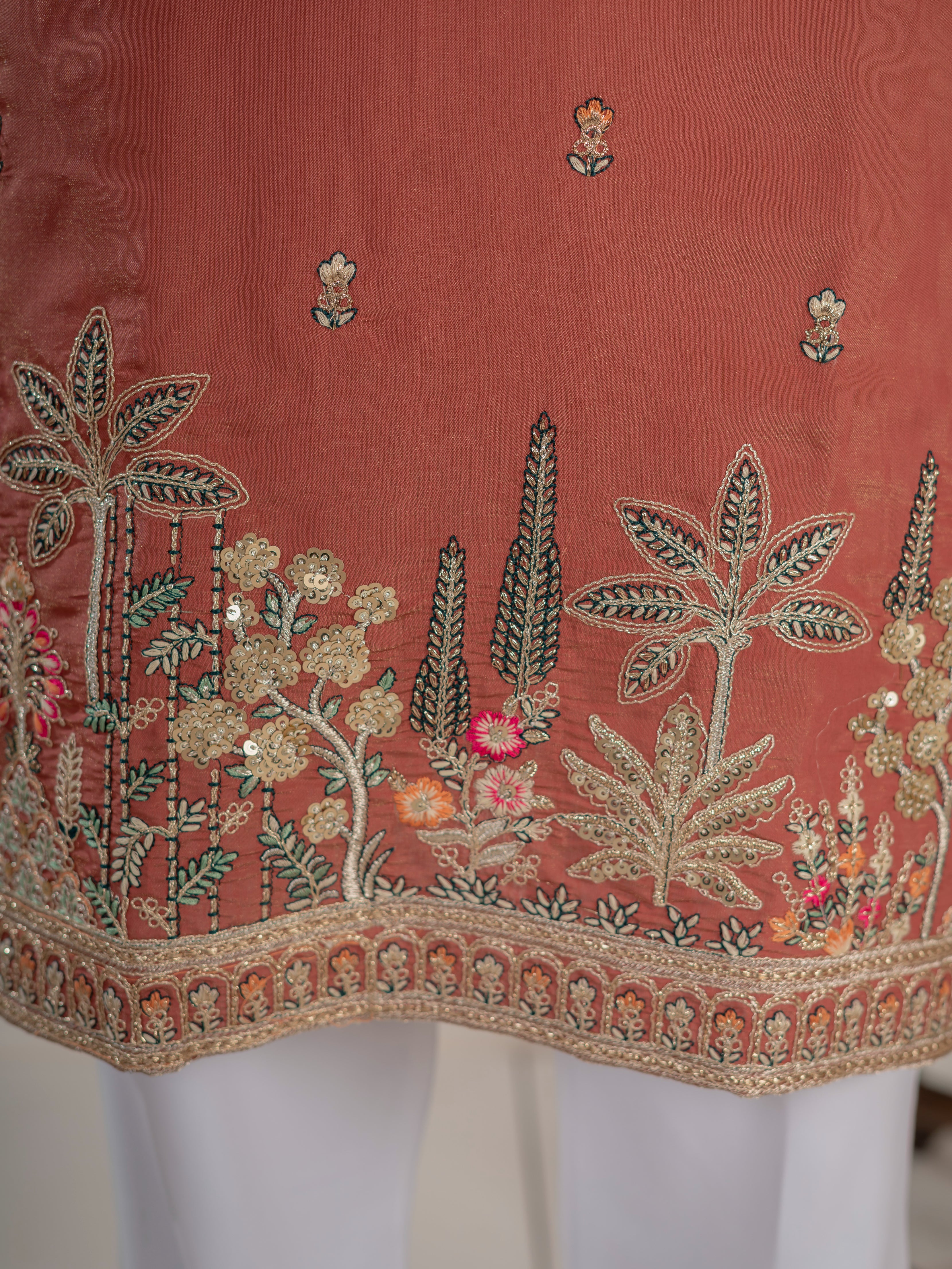 Dusty Orange Roman Shimmer Multi Colour Embroidery Work Kurta Set