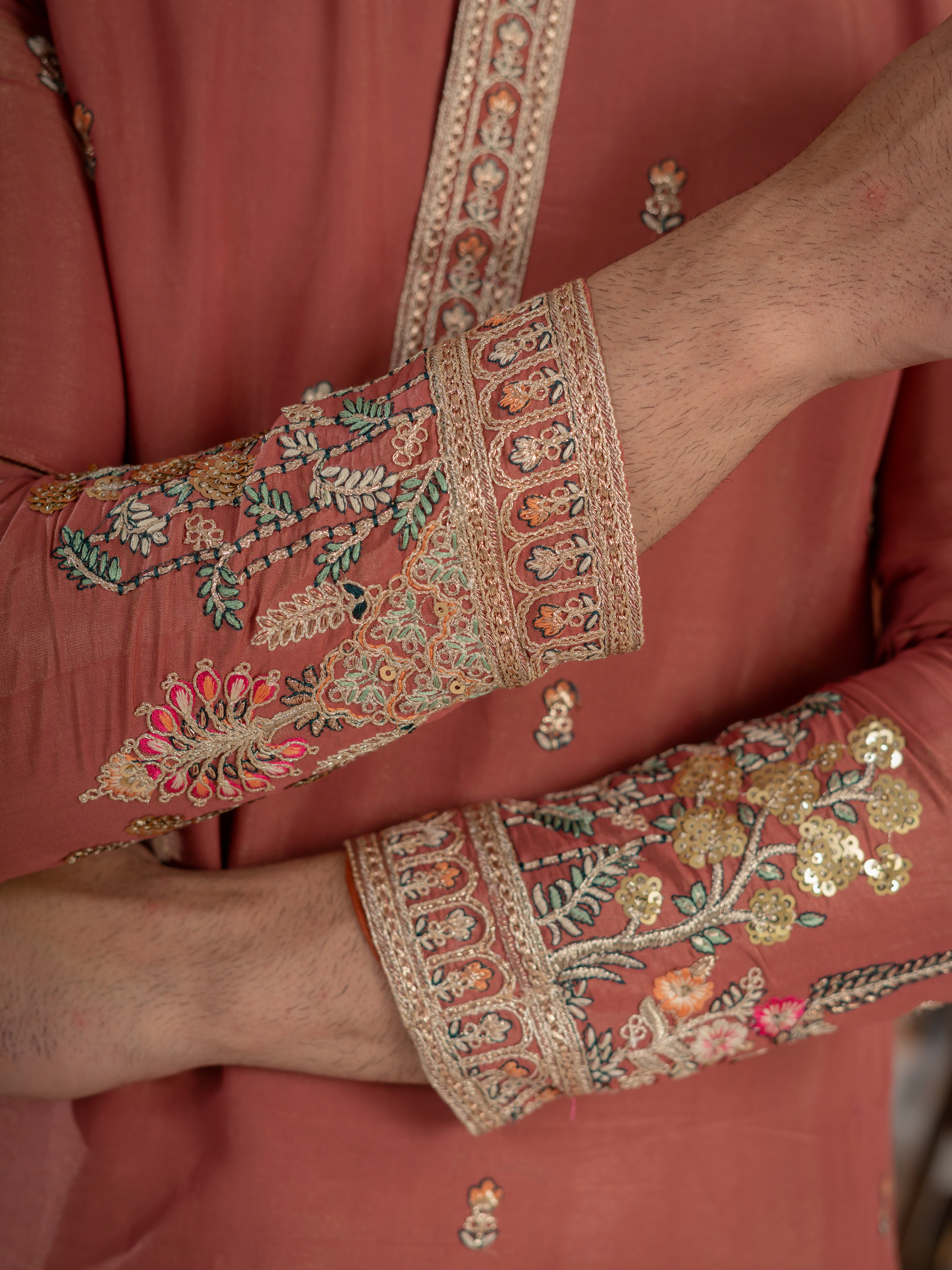 Dusty Orange Roman Shimmer Multi Colour Embroidery Work Kurta Set