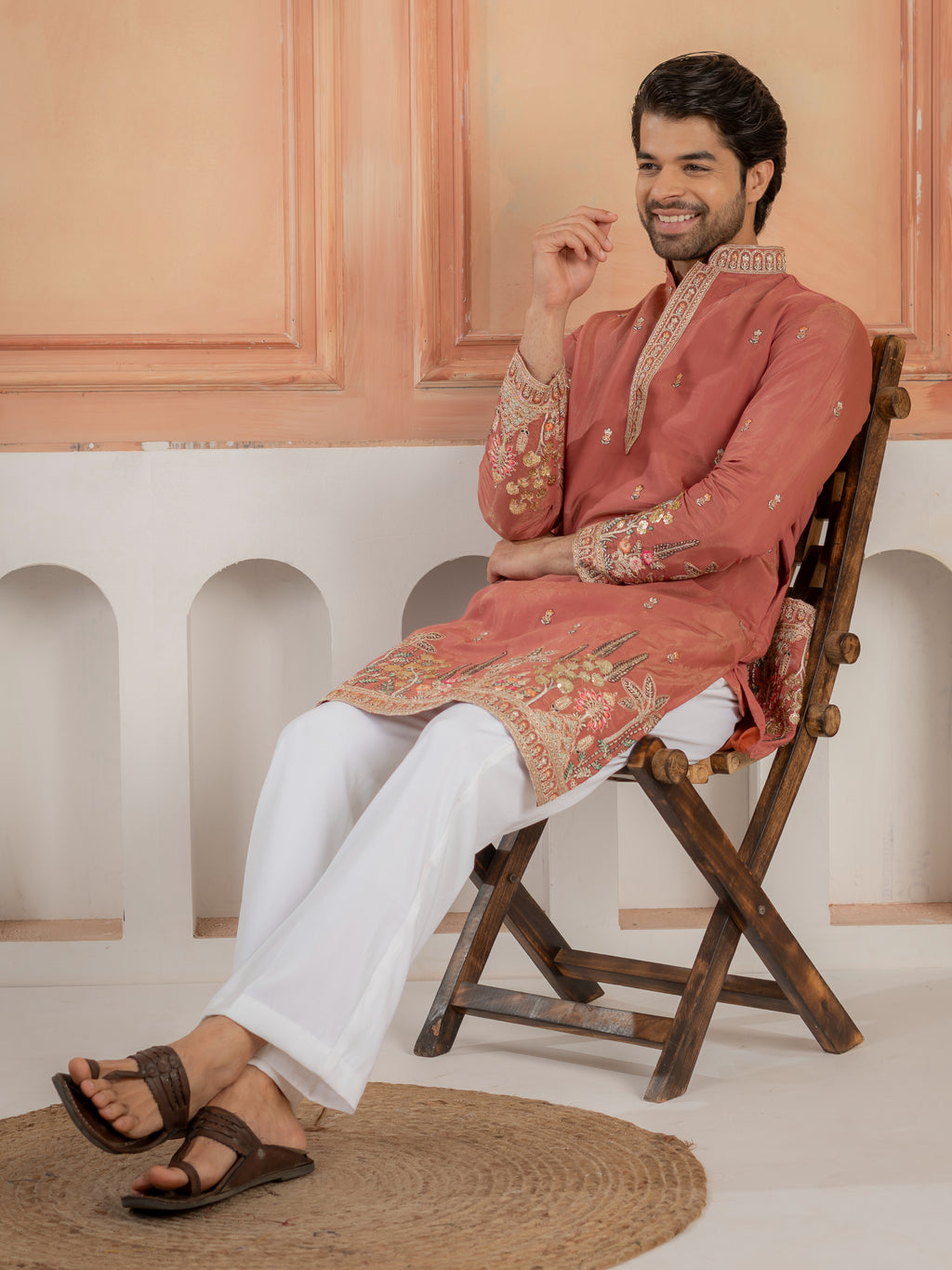 Dusty Orange Roman Shimmer Multi Colour Embroidery Work Kurta Set
