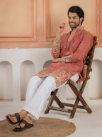 Dusty Orange Roman Shimmer Multi Colour Embroidery Work Kurta Set
