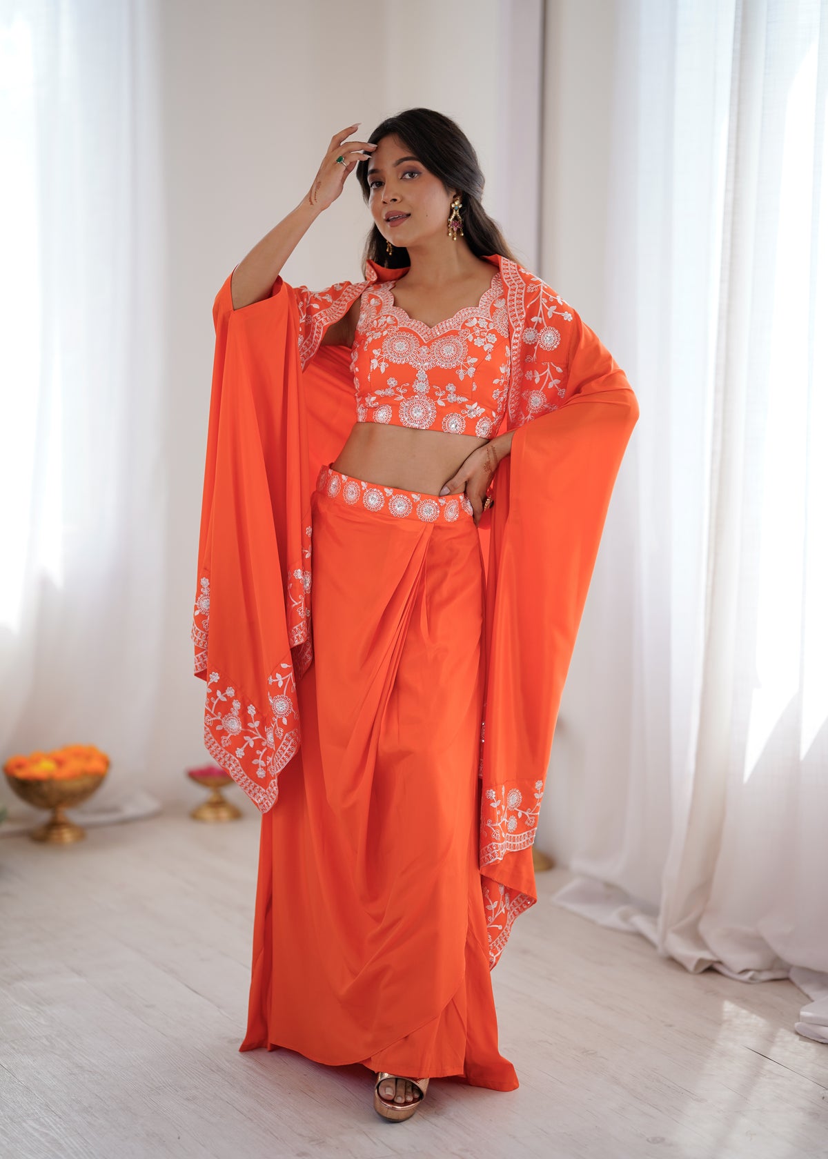 Festive Special Orange French Crepe Thread & Sequence Work Western Dhoti Set
