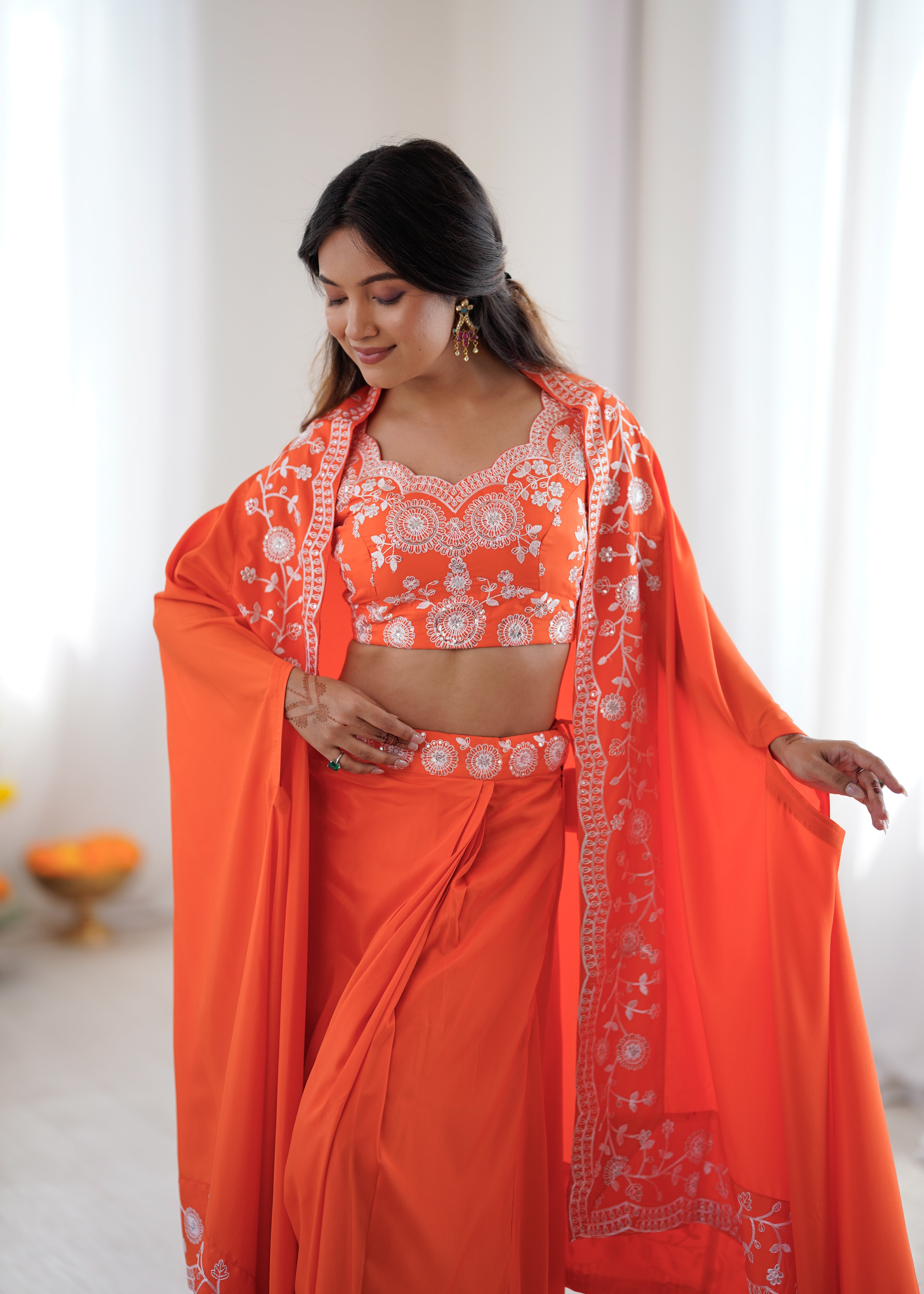 Festive Special Orange French Crepe Thread & Sequence Work Western Dhoti Set
