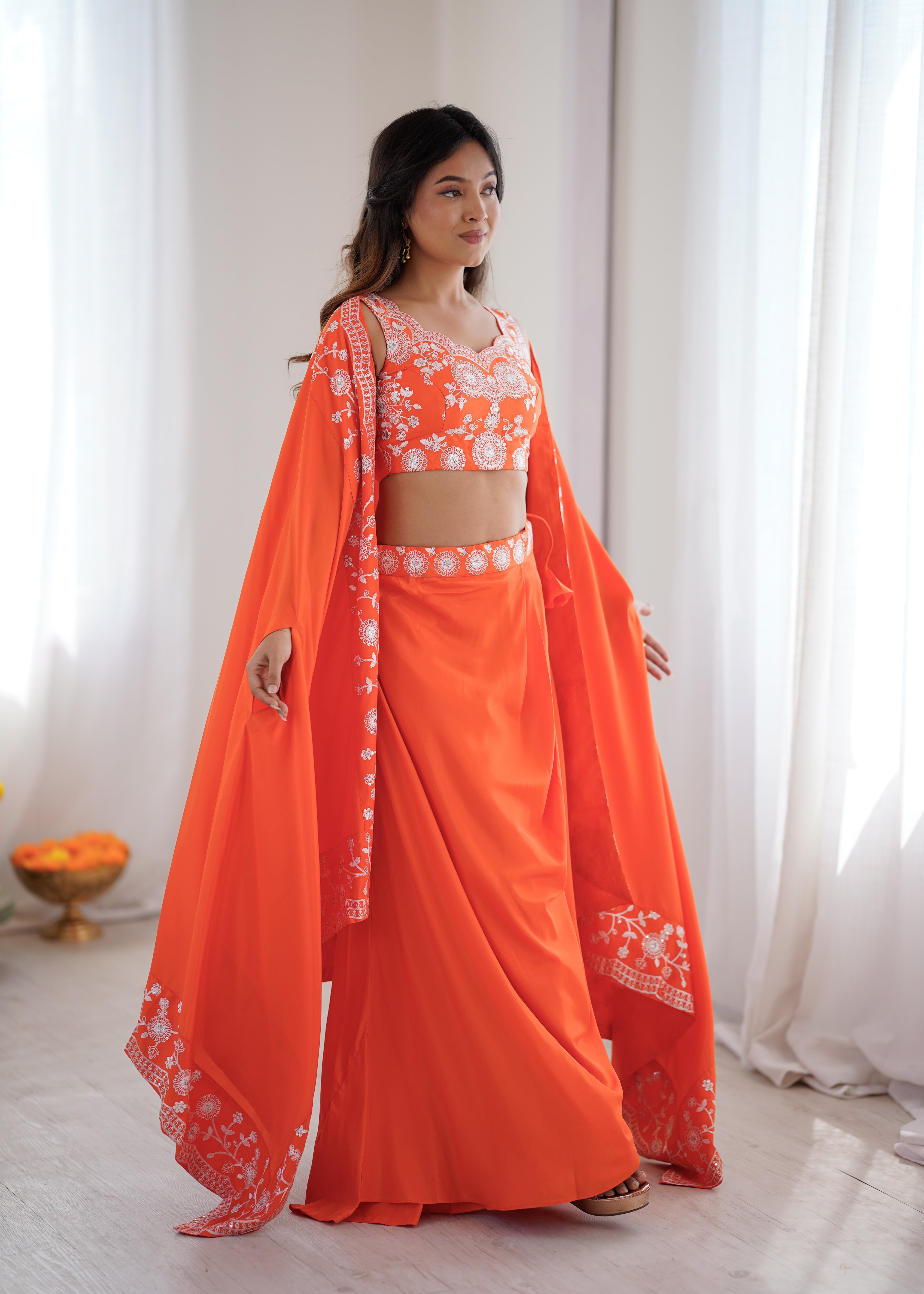 Festive Special Orange French Crepe Thread & Sequence Work Western Dhoti Set
