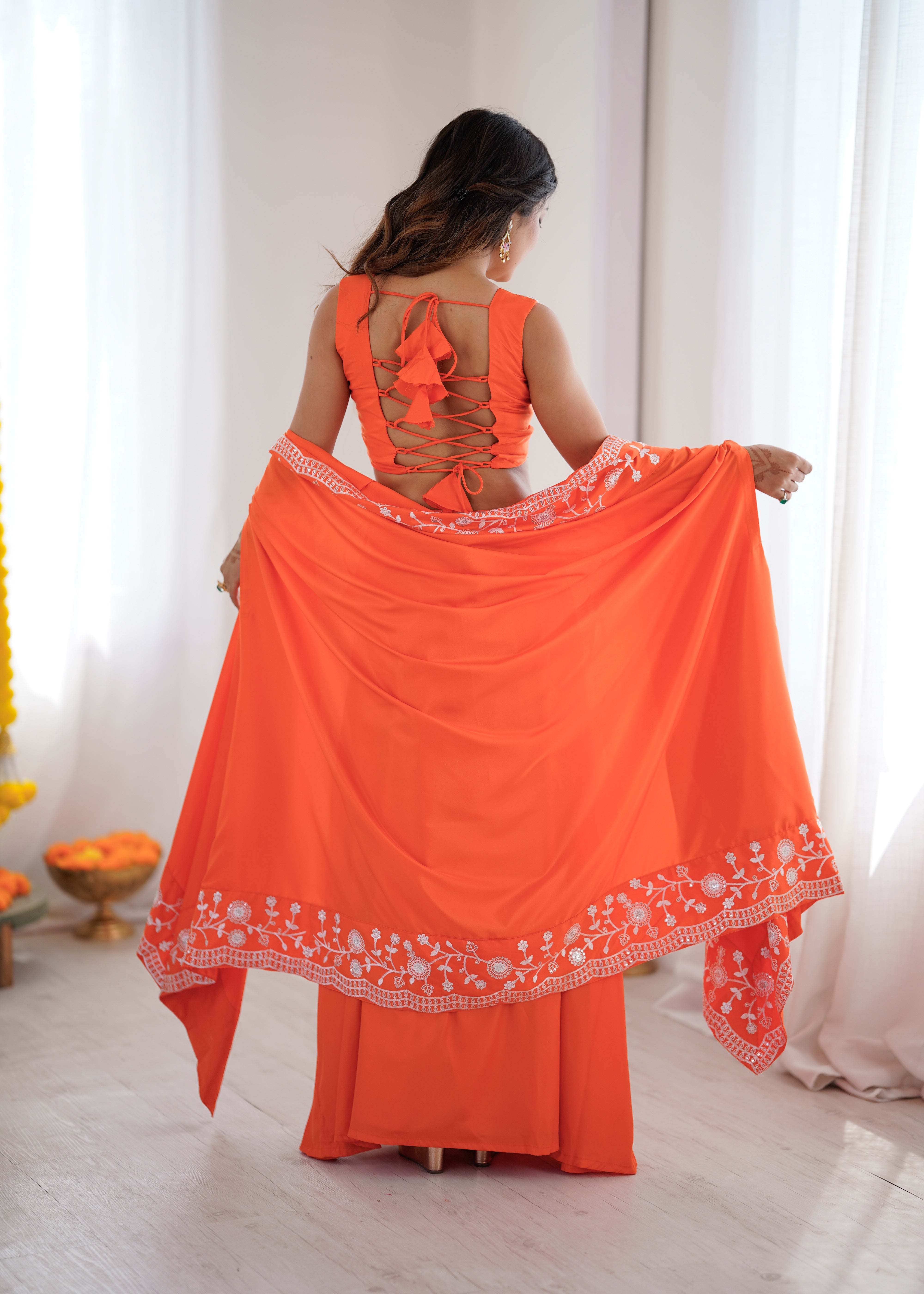 Festive Special Orange French Crepe Thread & Sequence Work Western Dhoti Set
