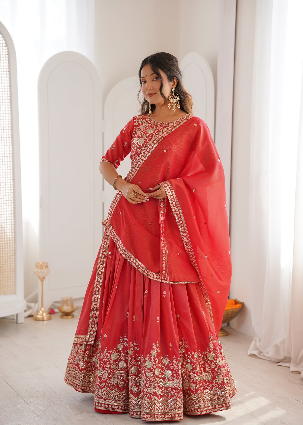 Royal Orange Heavy Simmer Silk Lehenga Choli Set With Dupatta