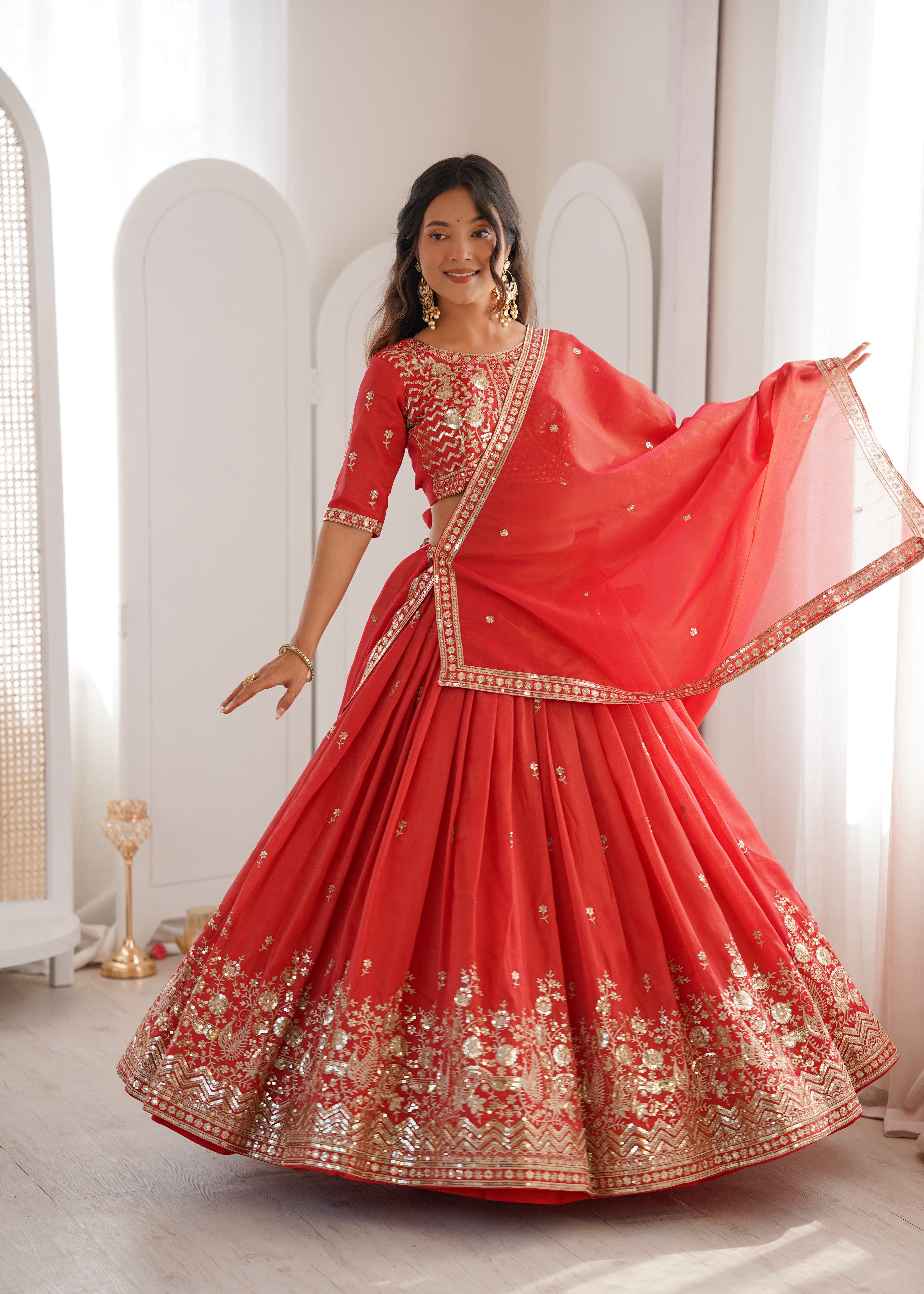 Royal Orange Heavy Simmer Silk Lehenga Choli Set With Dupatta