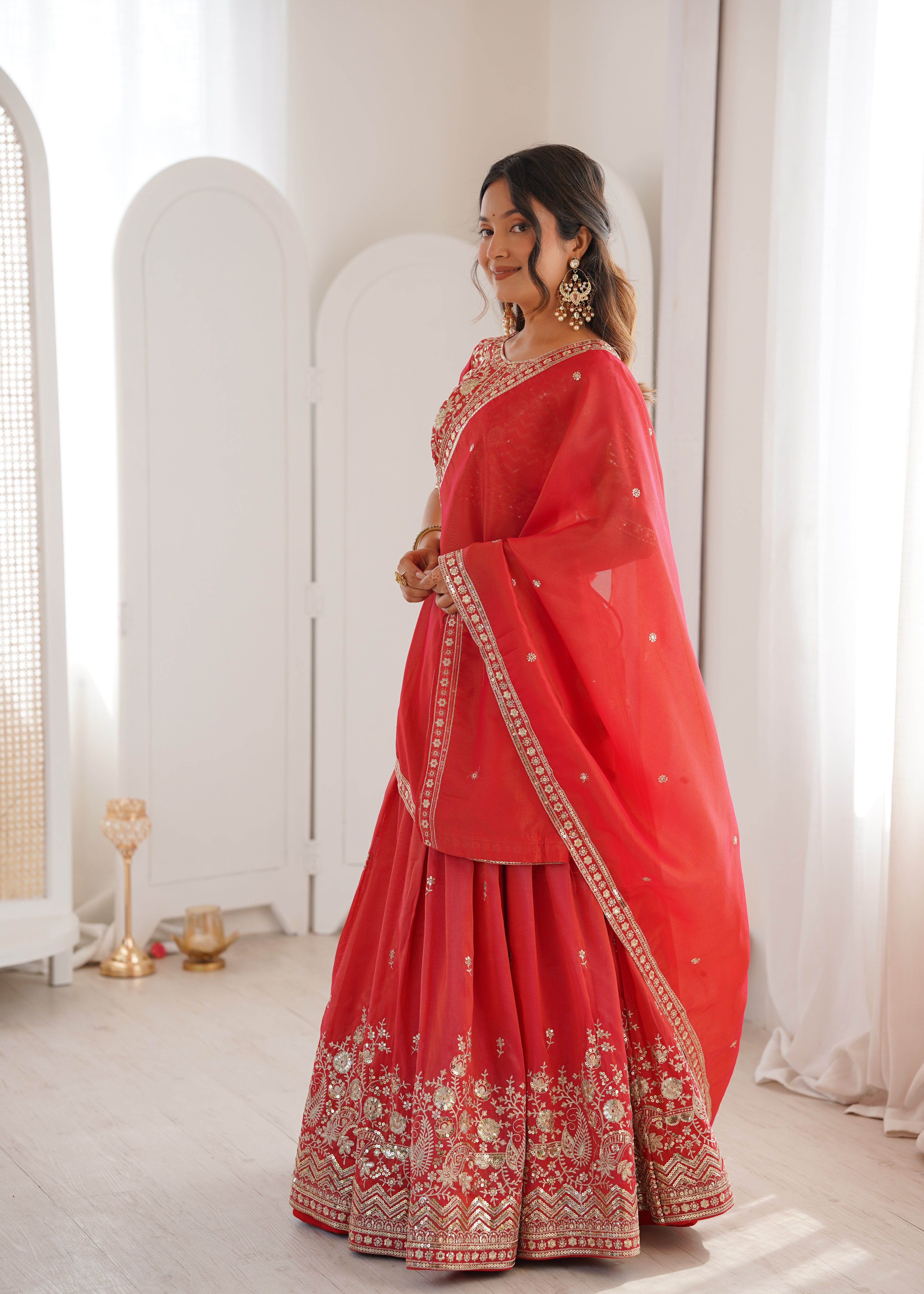 Royal Orange Heavy Simmer Silk Lehenga Choli Set With Dupatta
