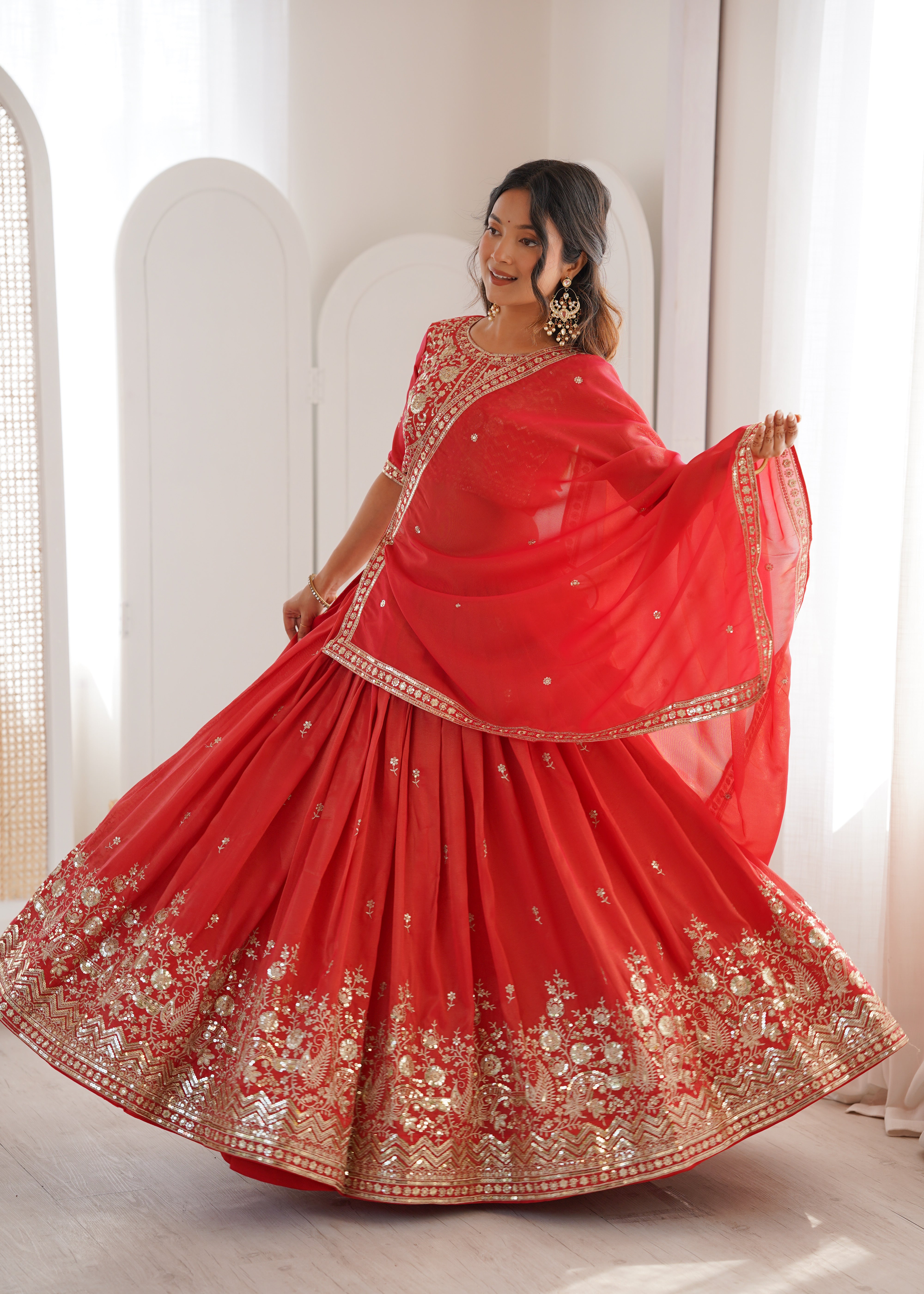 Royal Orange Heavy Simmer Silk Lehenga Choli Set With Dupatta