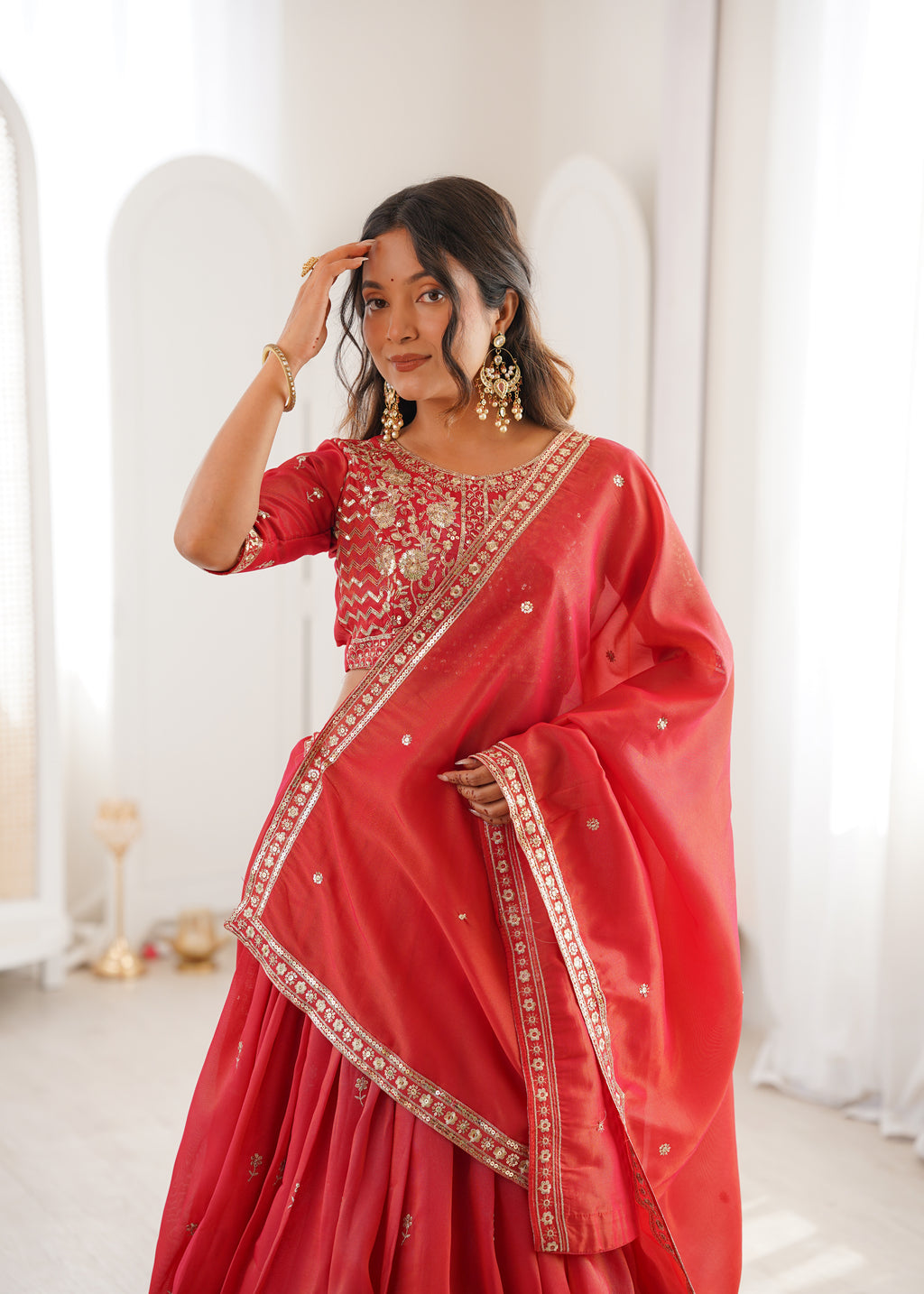 Royal Orange Heavy Simmer Silk Lehenga Choli Set With Dupatta