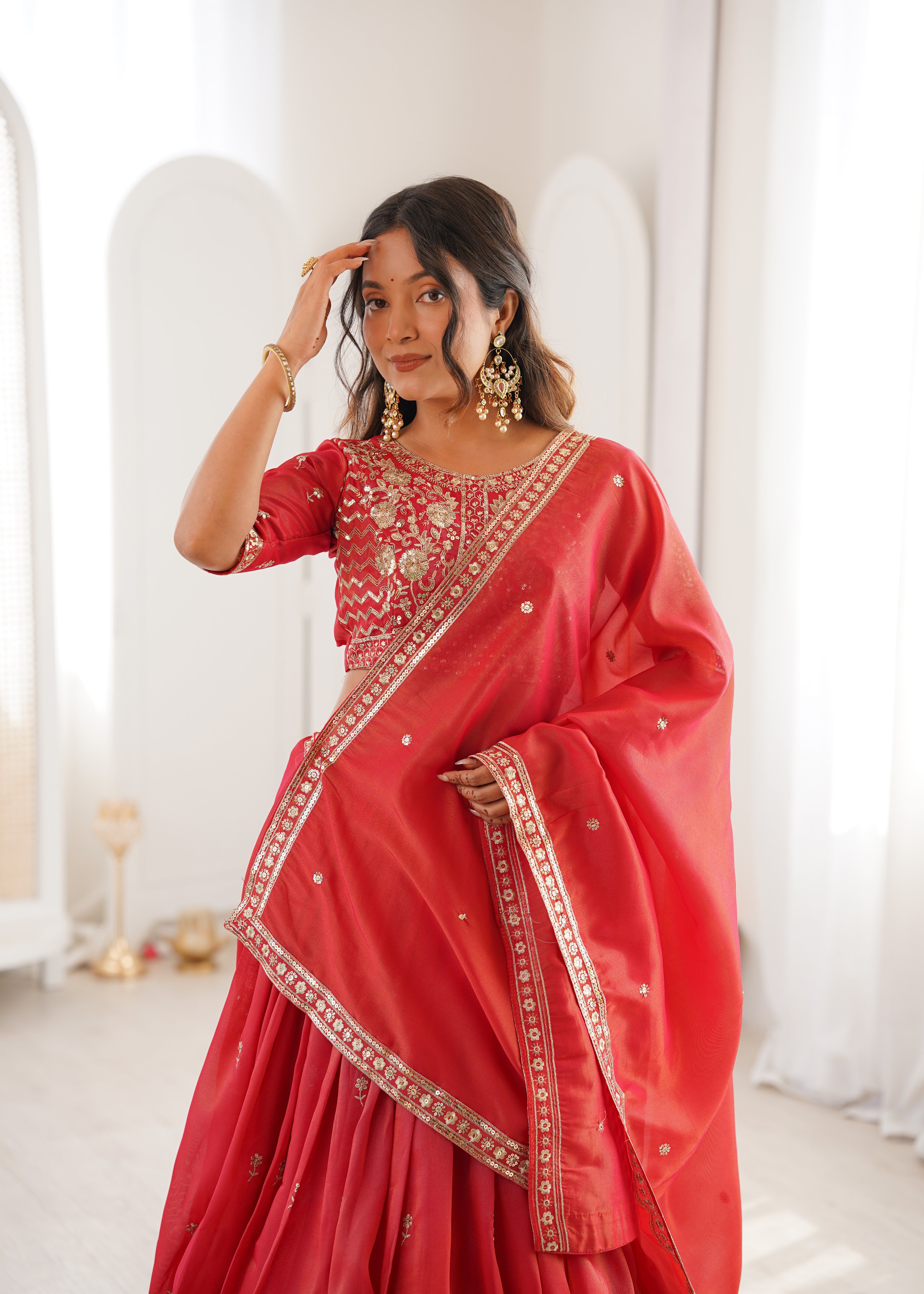 Royal Orange Heavy Simmer Silk Lehenga Choli Set With Dupatta