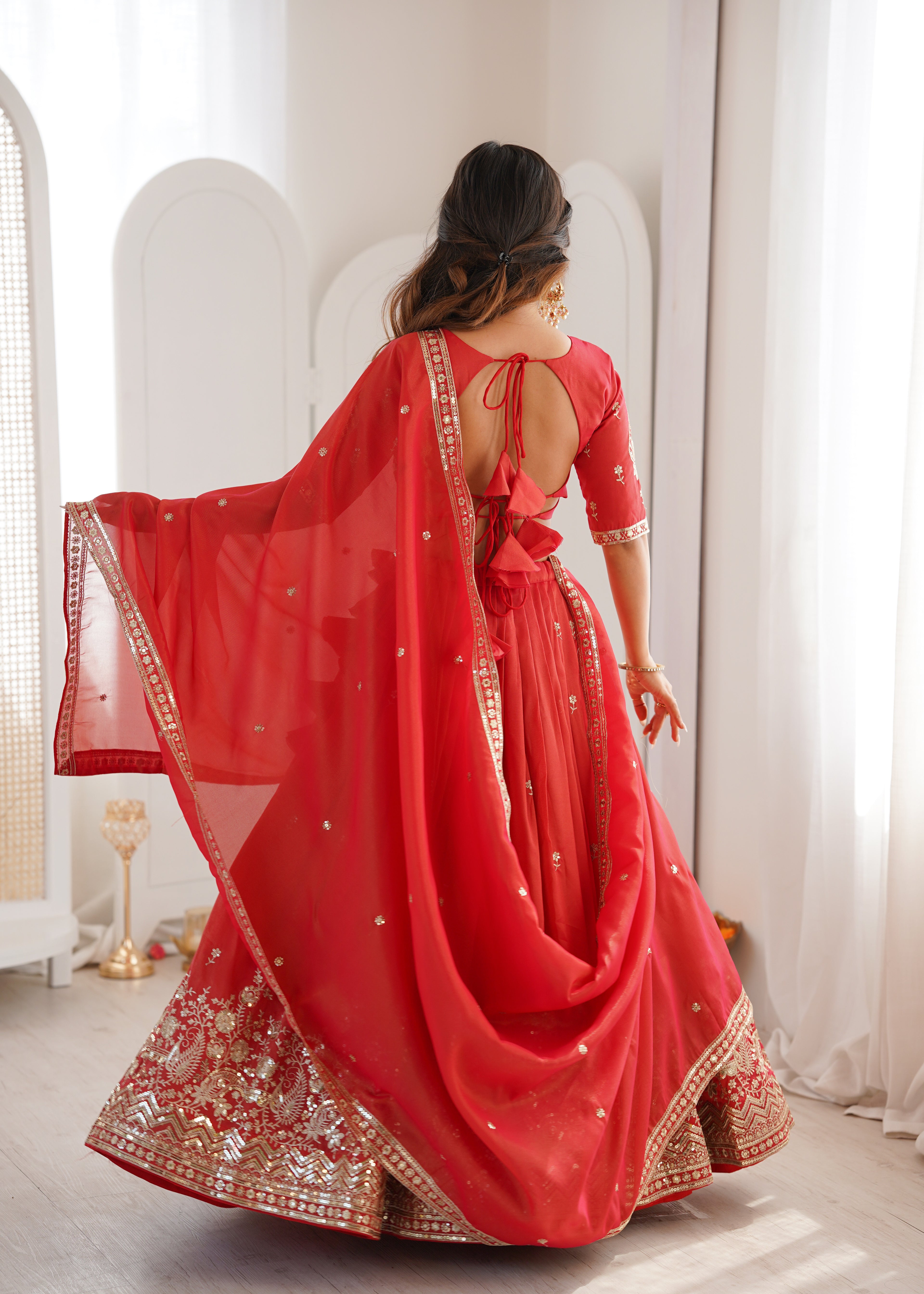 Royal Orange Heavy Simmer Silk Lehenga Choli Set With Dupatta
