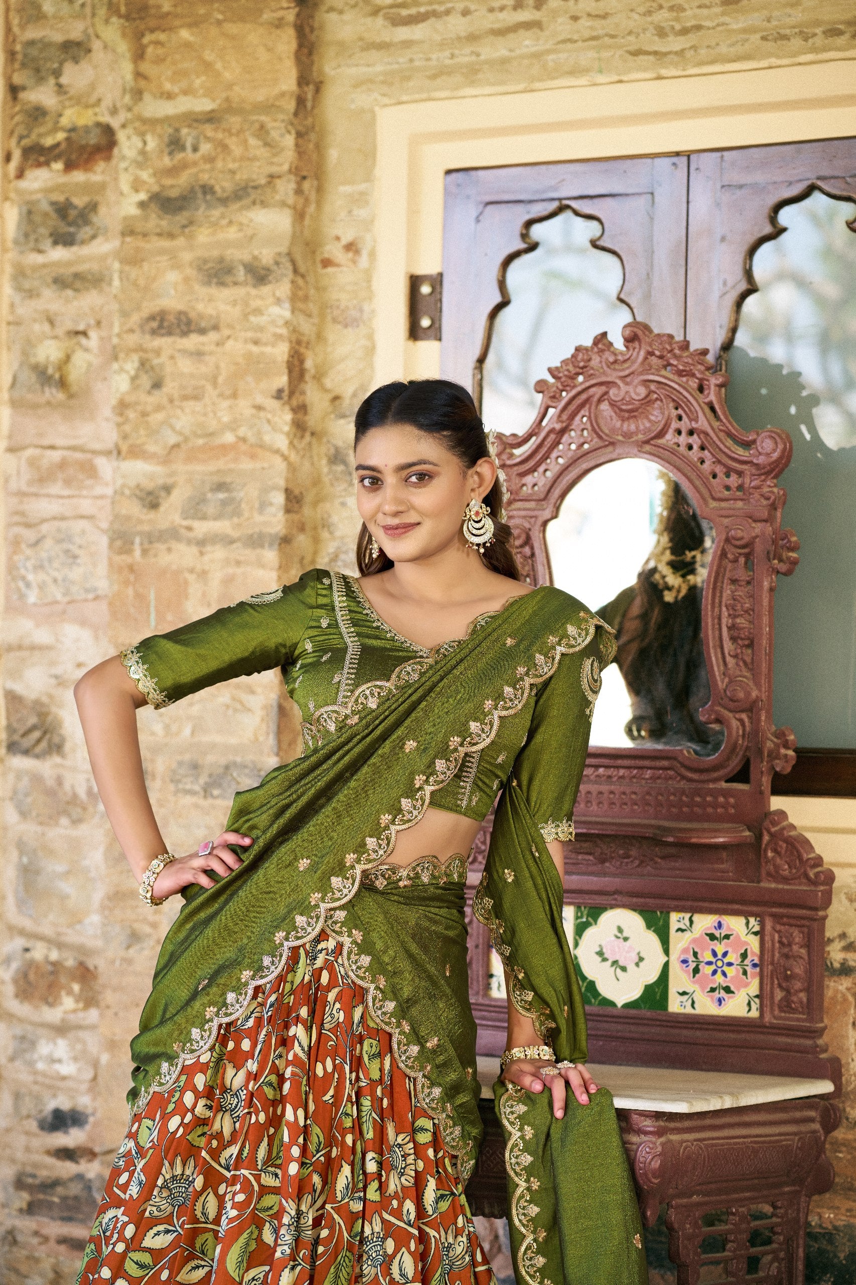 Rust Orange Tasar Silk Kalamkari Print Lehenga Choli with Dupatta Set
