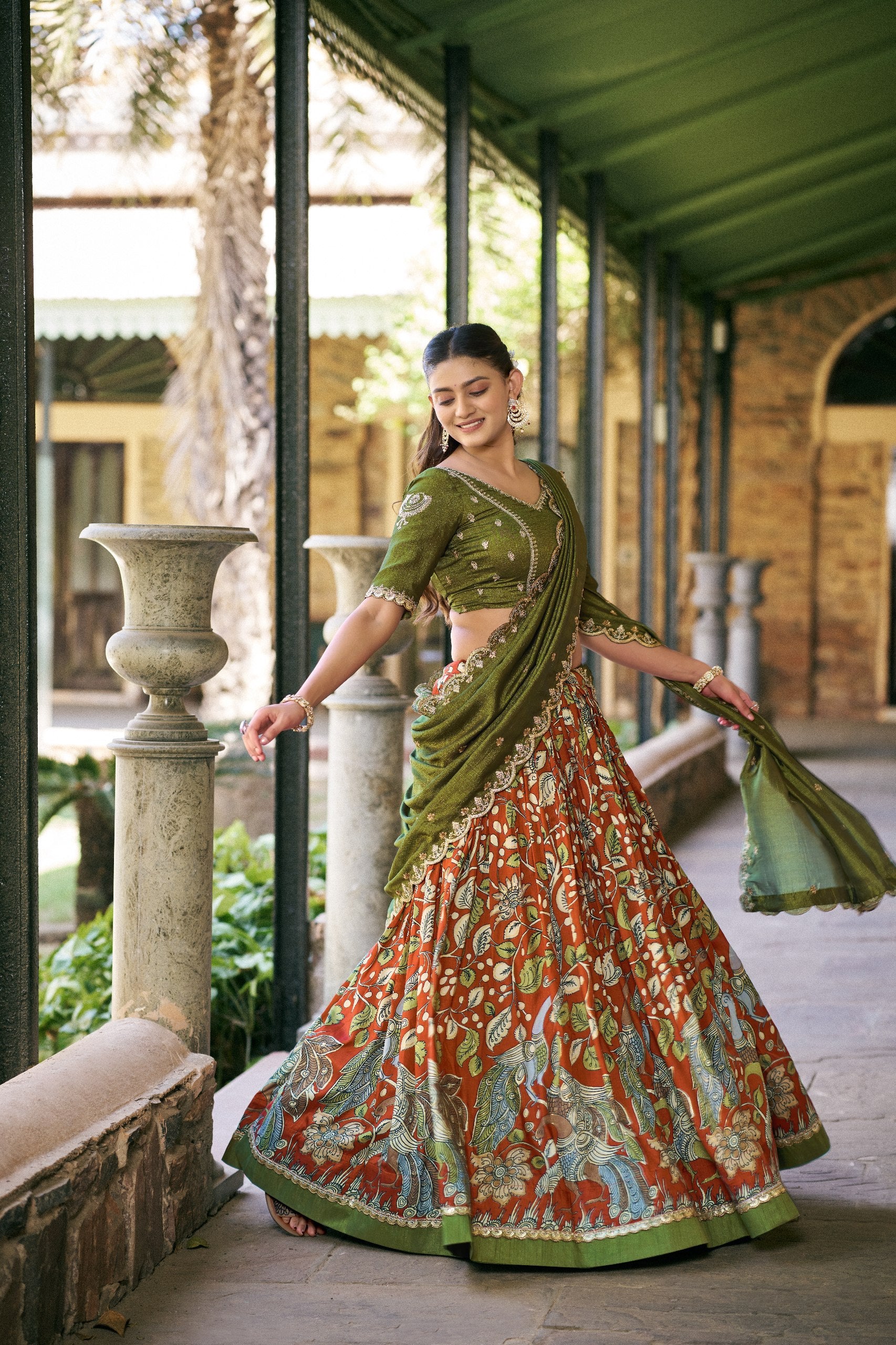 Rust Orange Tasar Silk Kalamkari Print Lehenga Choli with Dupatta Set
