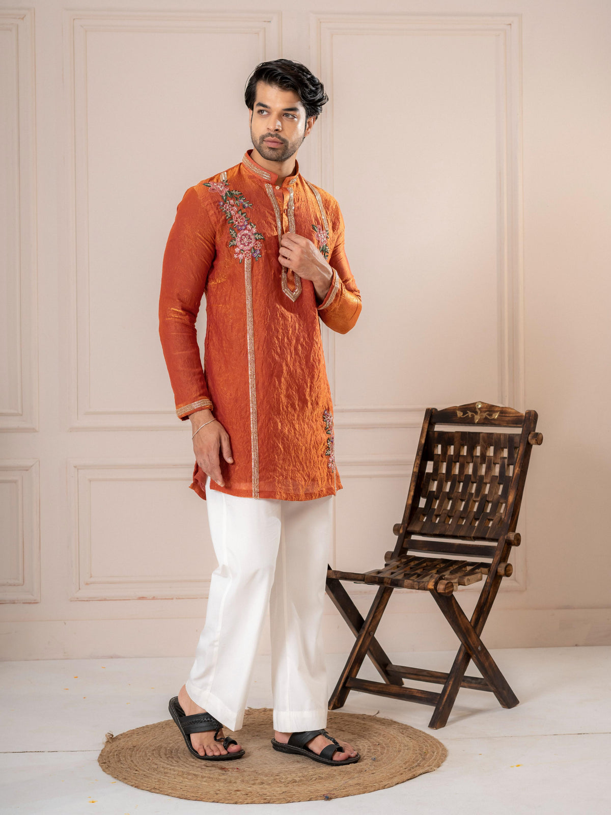 Orange Crush Tissue Embroidered Kurta Set | Tulip Designer
