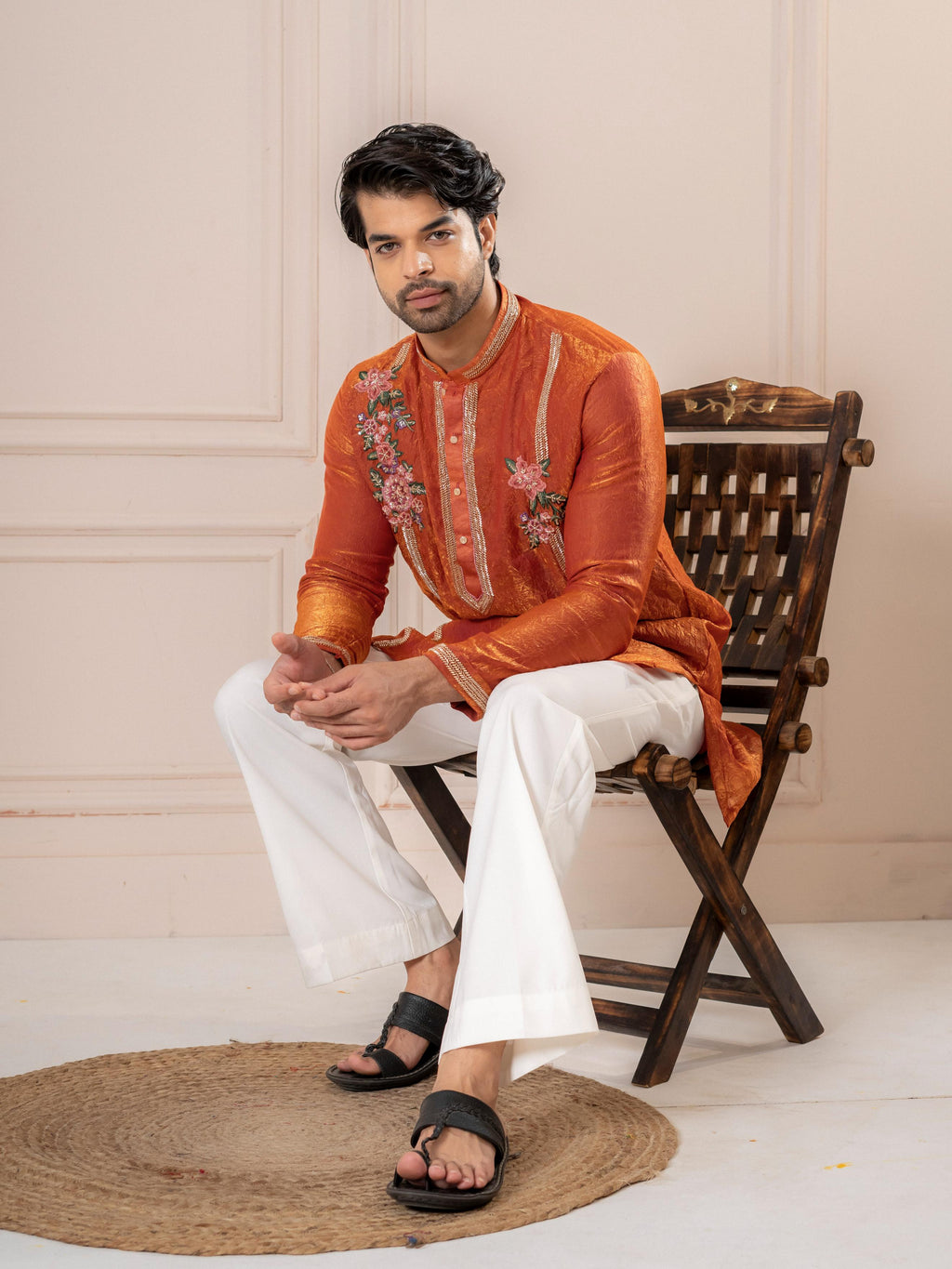 Orange Crush Tissue Embroidered Kurta Set | Tulip Designer
