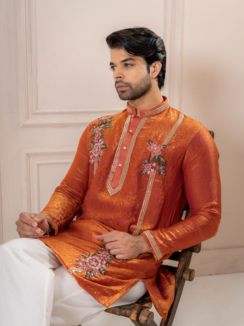 Orange Crush Tissue Embroidered Kurta Set | Tulip Designer
