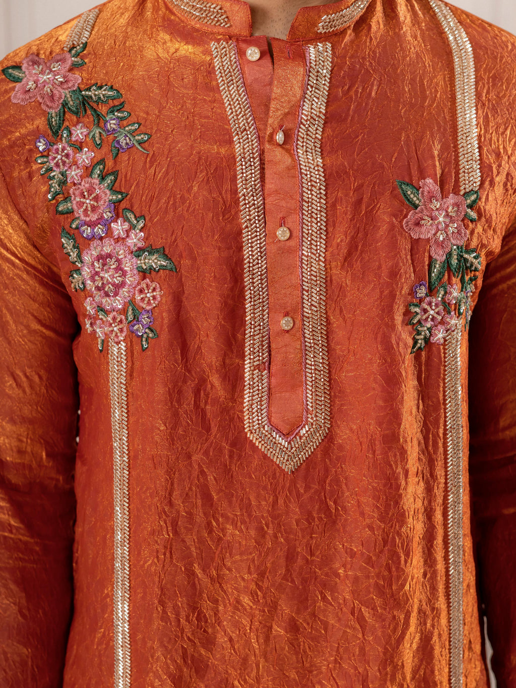 Orange Crush Tissue Embroidered Kurta Set | Tulip Designer

