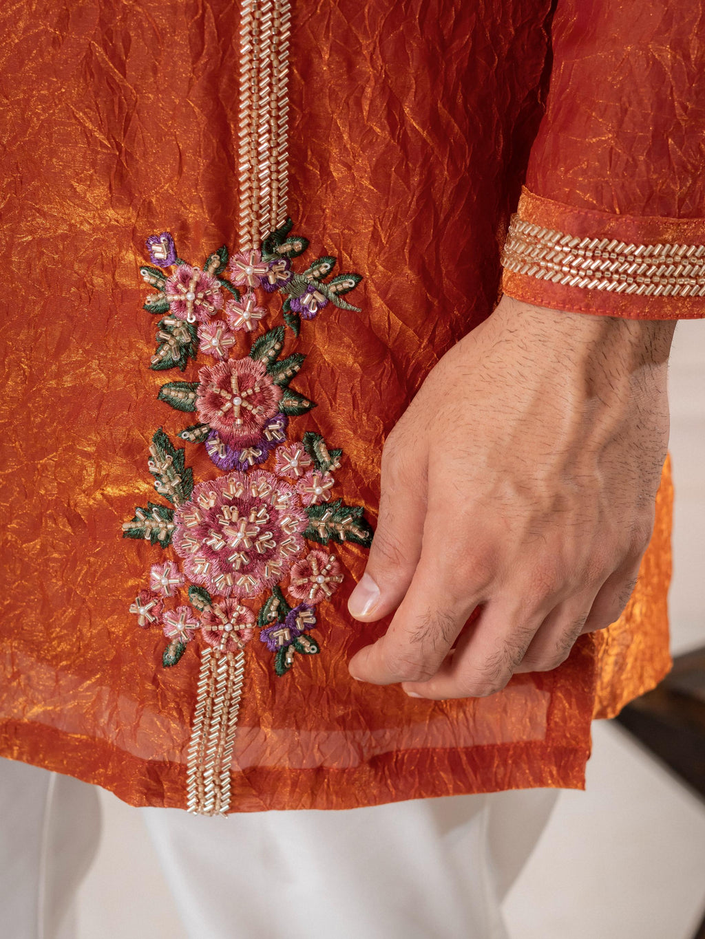 Orange Crush Tissue Embroidered Kurta Set | Tulip Designer
