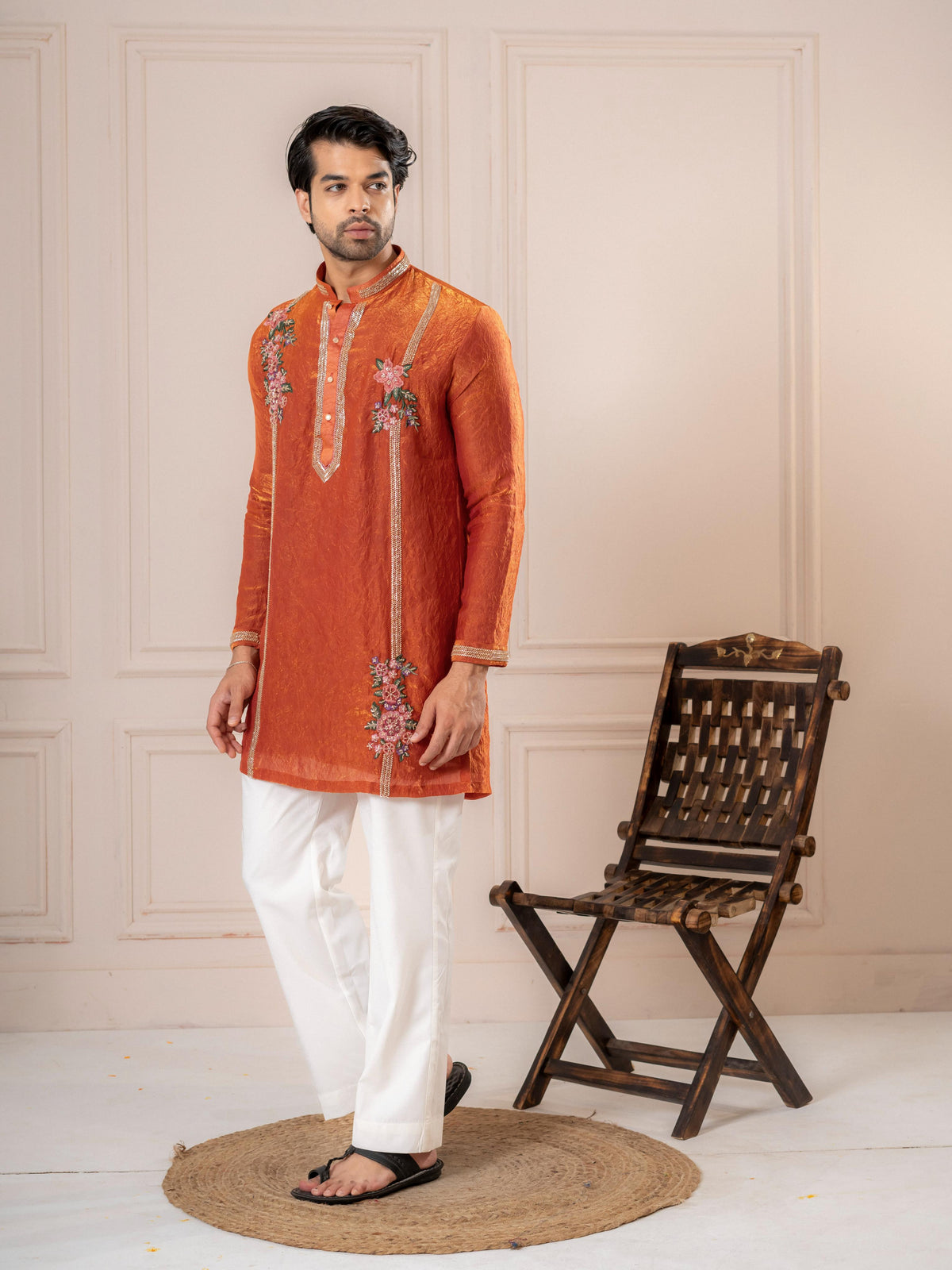Orange Crush Tissue Embroidered Kurta Set | Tulip Designer
